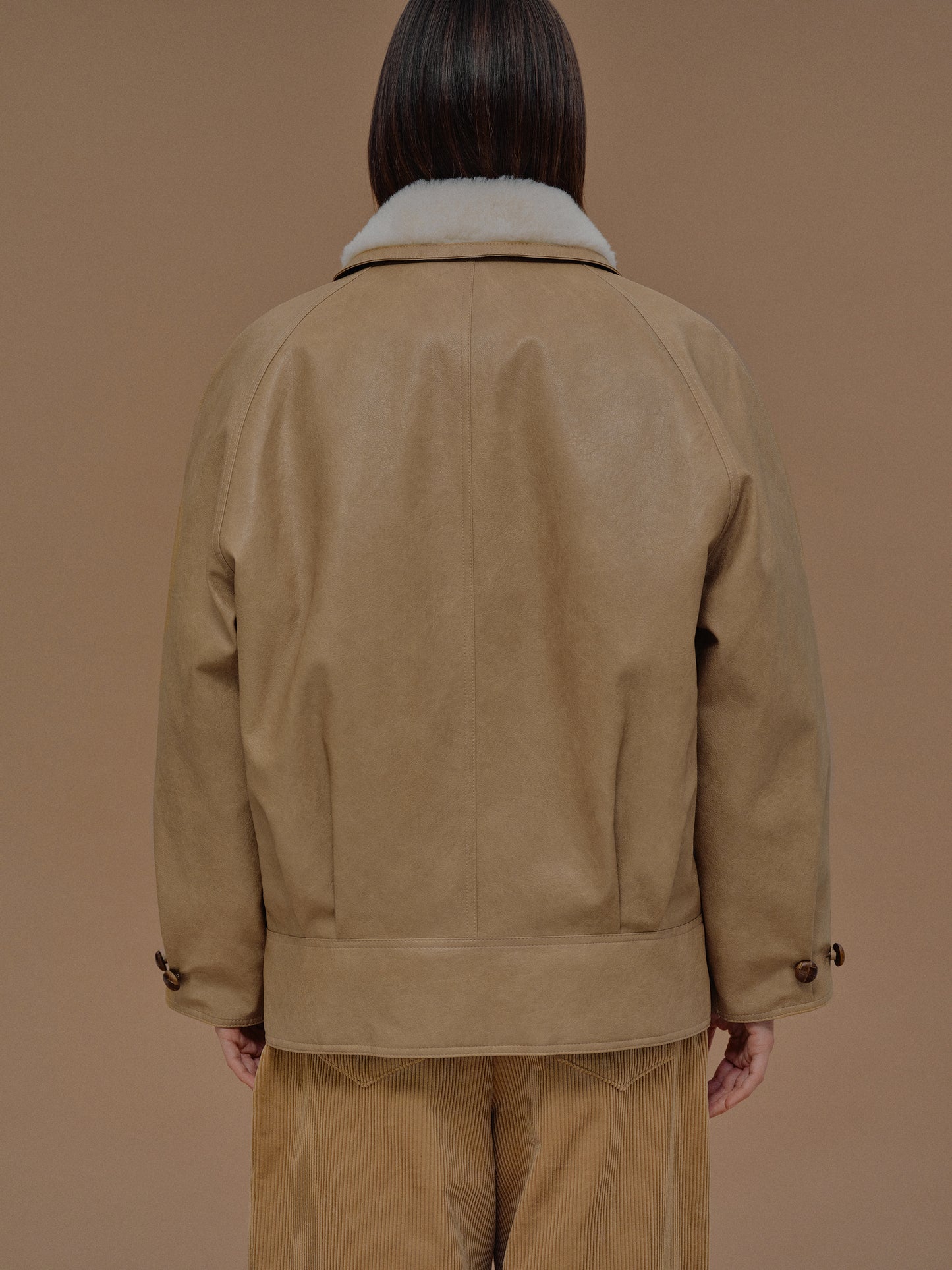 Cicala Shearling Collar Leather Jacket, Nougat