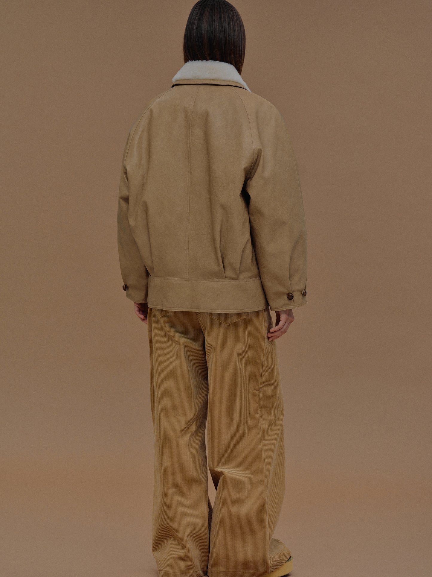 Cicala Shearling Collar Leather Jacket, Nougat