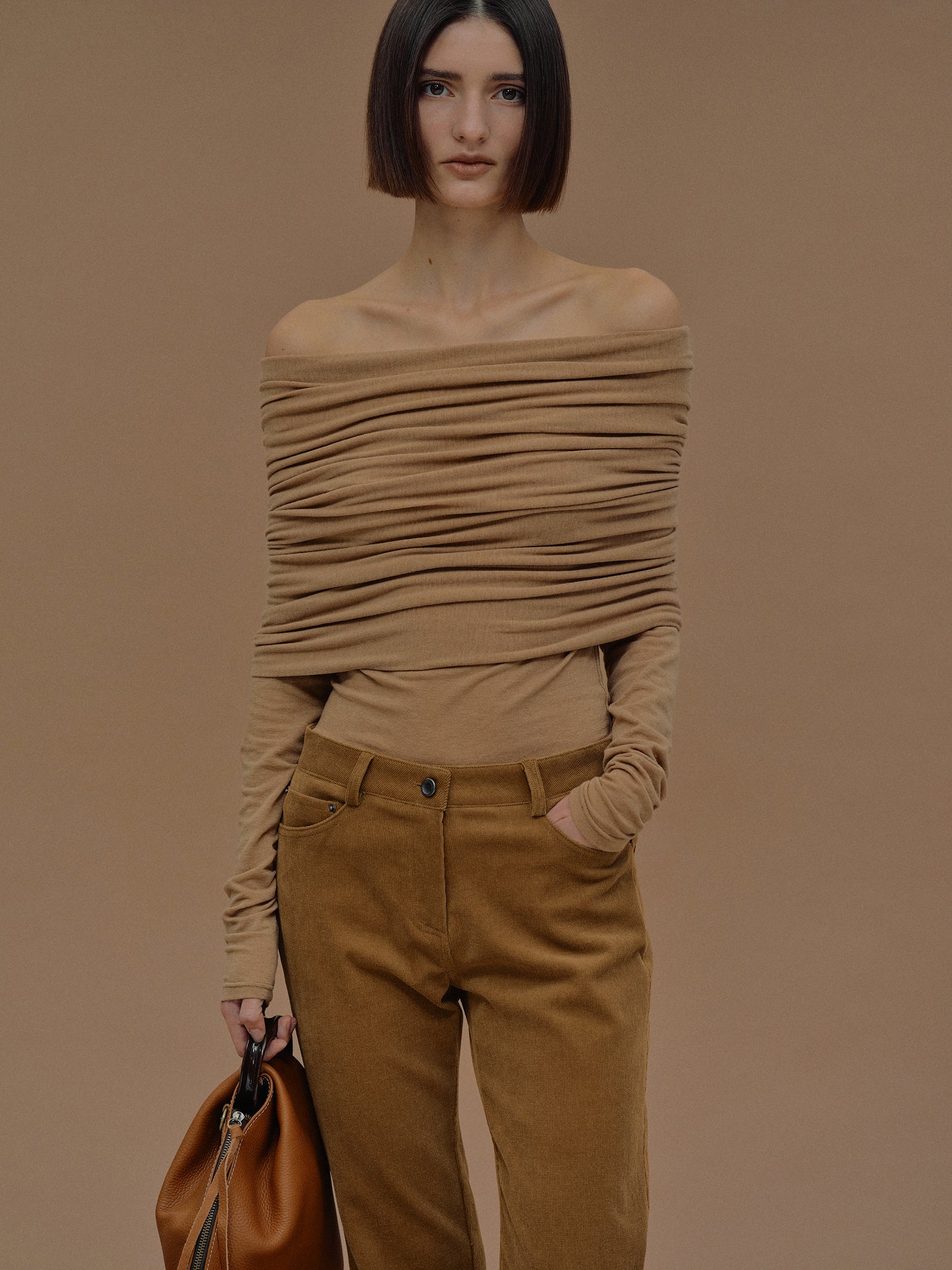 Tova Off Shoulder Knit, Nude Brown