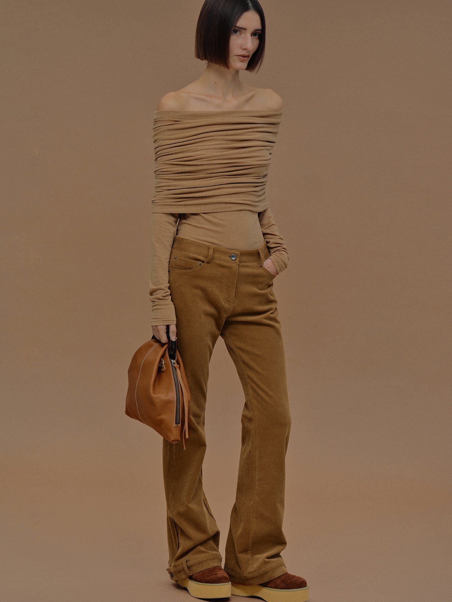 Tova Off Shoulder Knit, Nude Brown