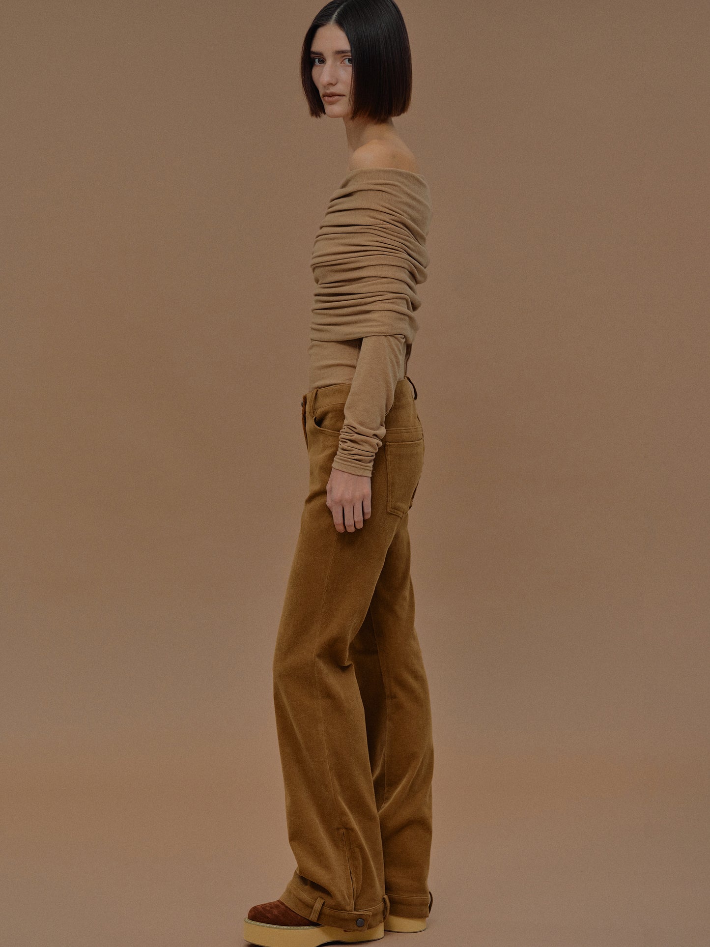 Tova Off Shoulder Knit, Nude Brown