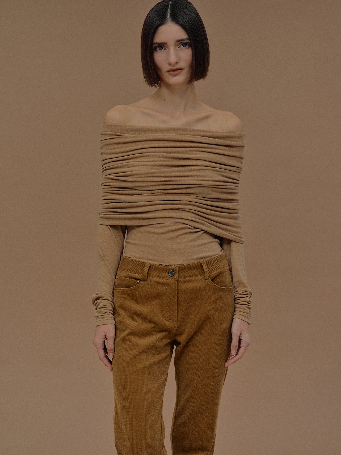 Tova Off Shoulder Knit, Nude Brown