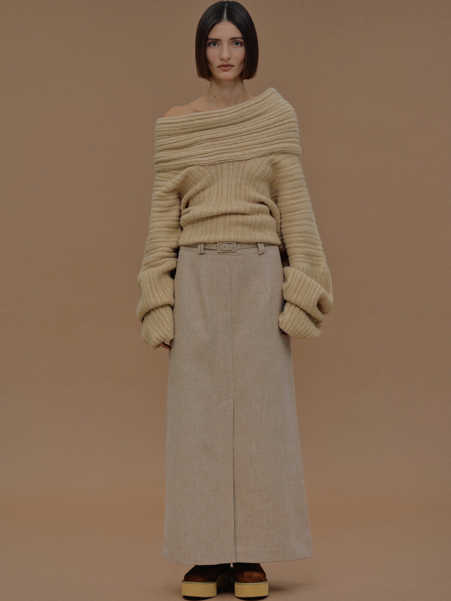 Belted Wool Midi Skirt, Plywood