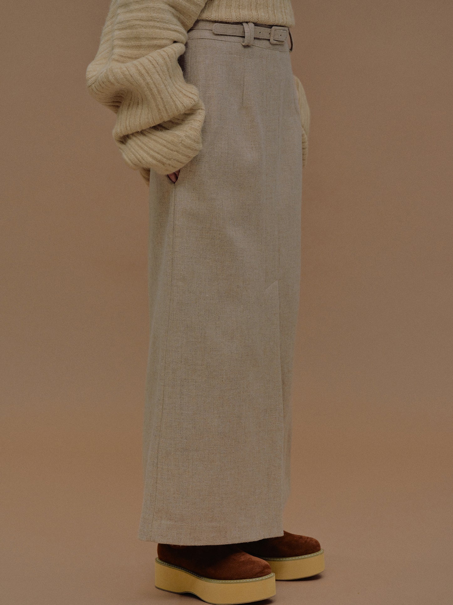 Belted Wool Midi Skirt, Plywood