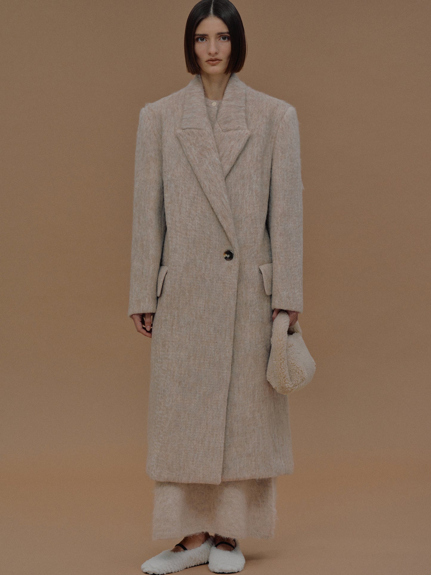 Pegaso Melange-Effect Brushed Coat, Soybean
