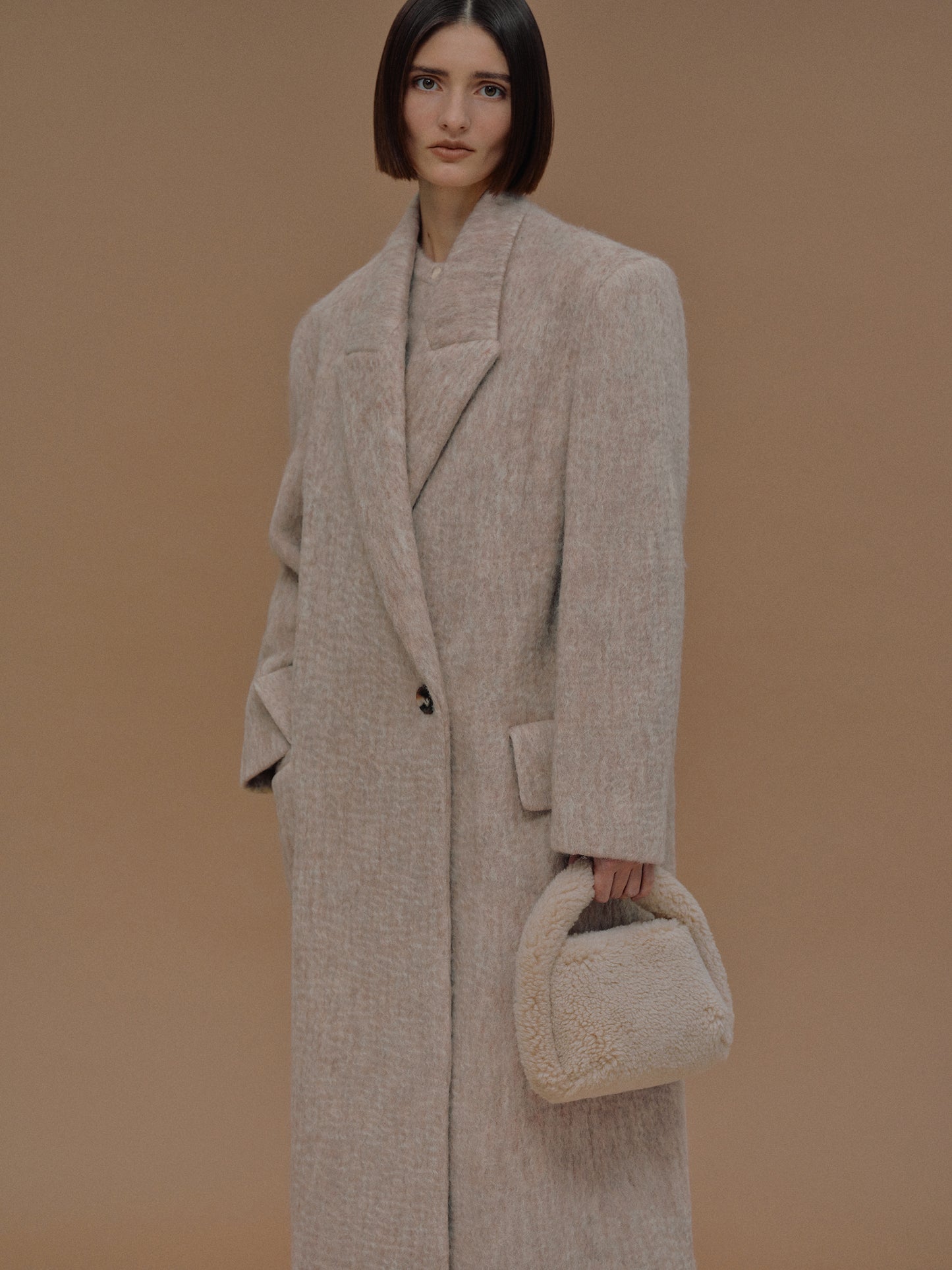 Pegaso Melange-Effect Brushed Coat, Soybean