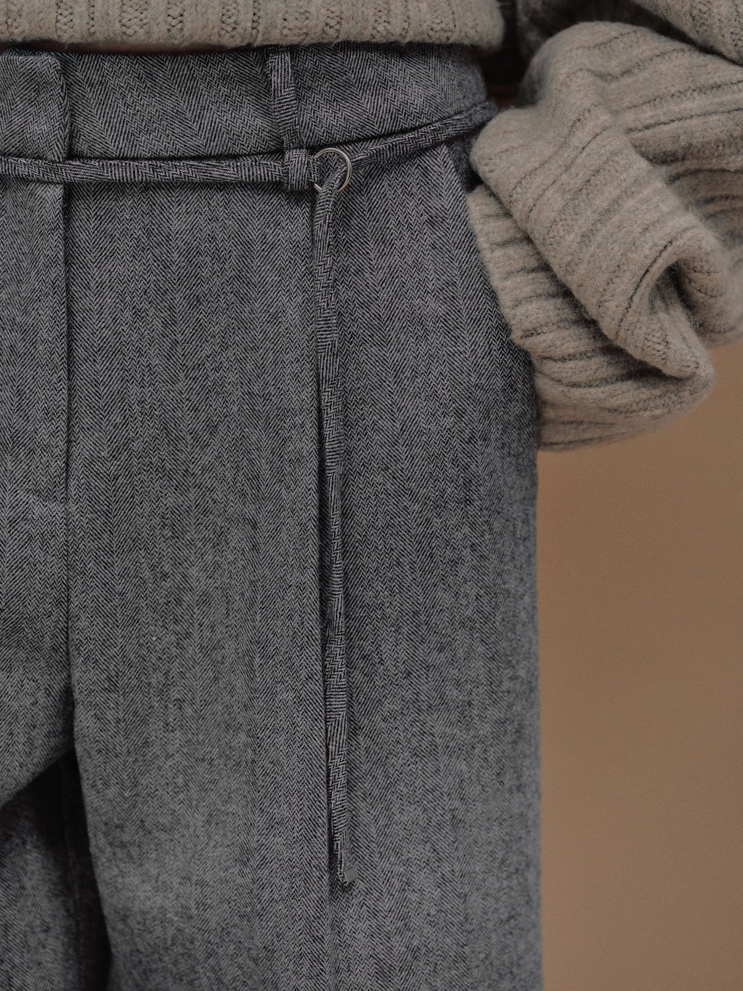 Belted Herringbone Trousers, Grey