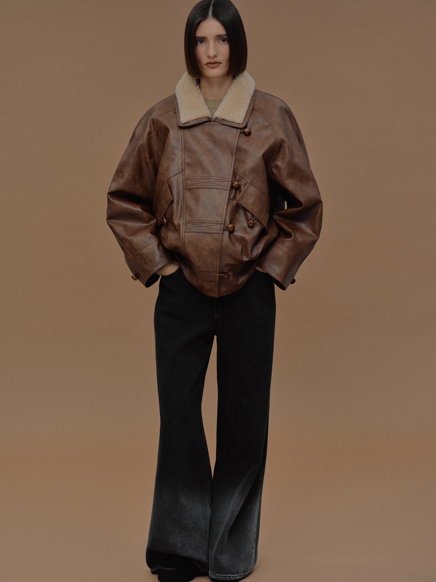Cicala Shearling Collar Leather Jacket, Pecan