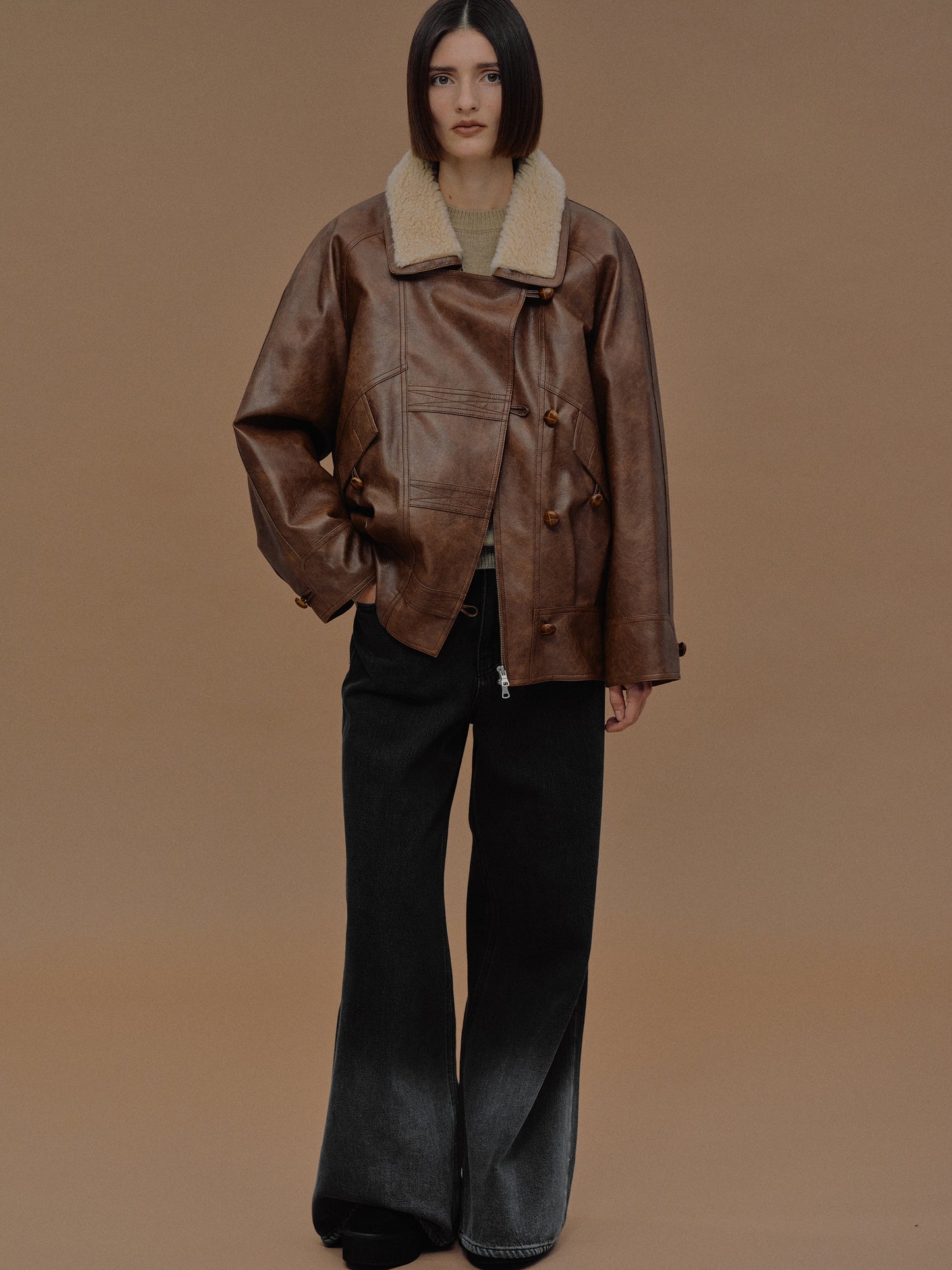 Cicala Shearling Collar Leather Jacket, Pecan