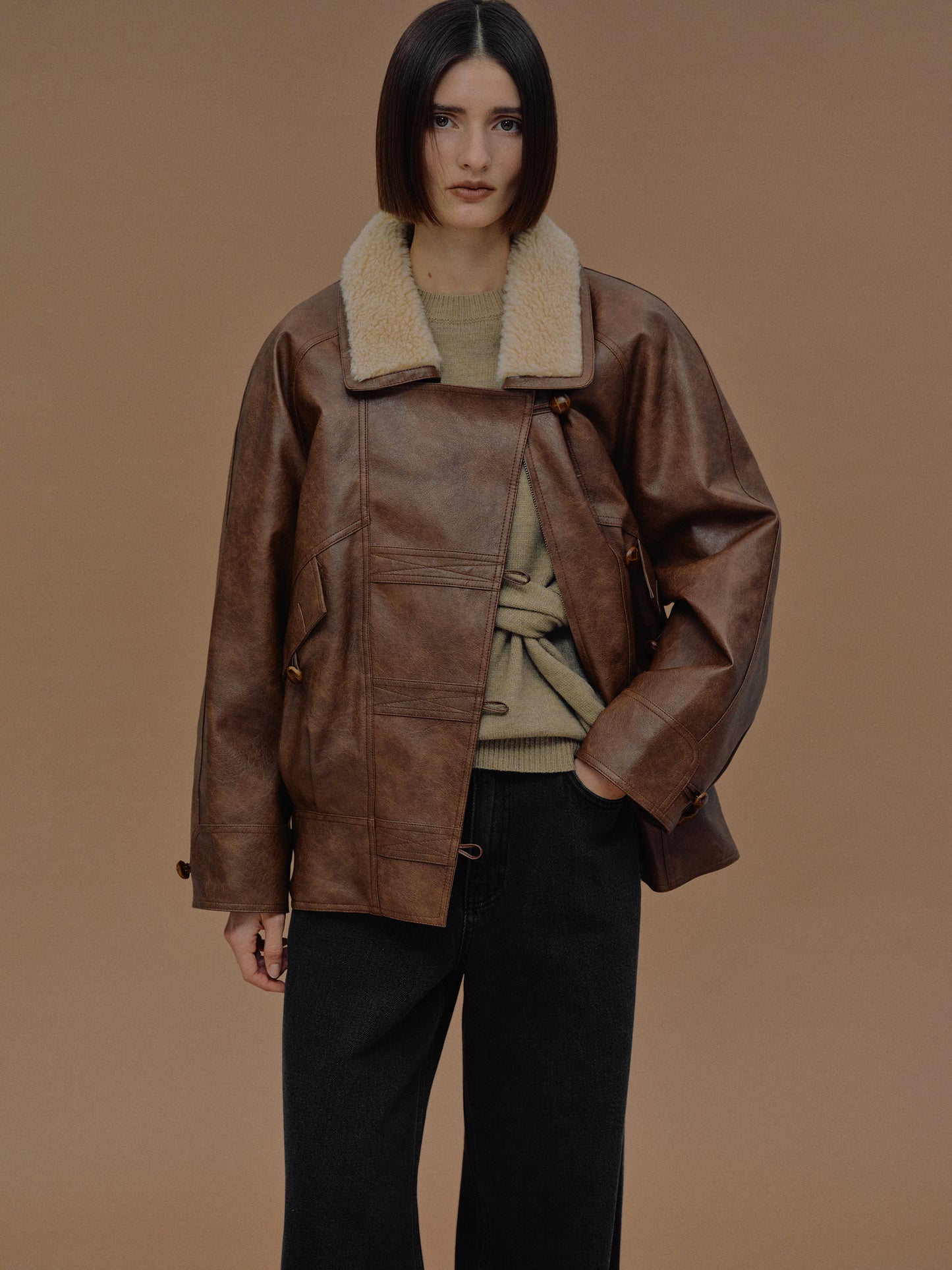 Cicala Shearling Collar Leather Jacket, Pecan