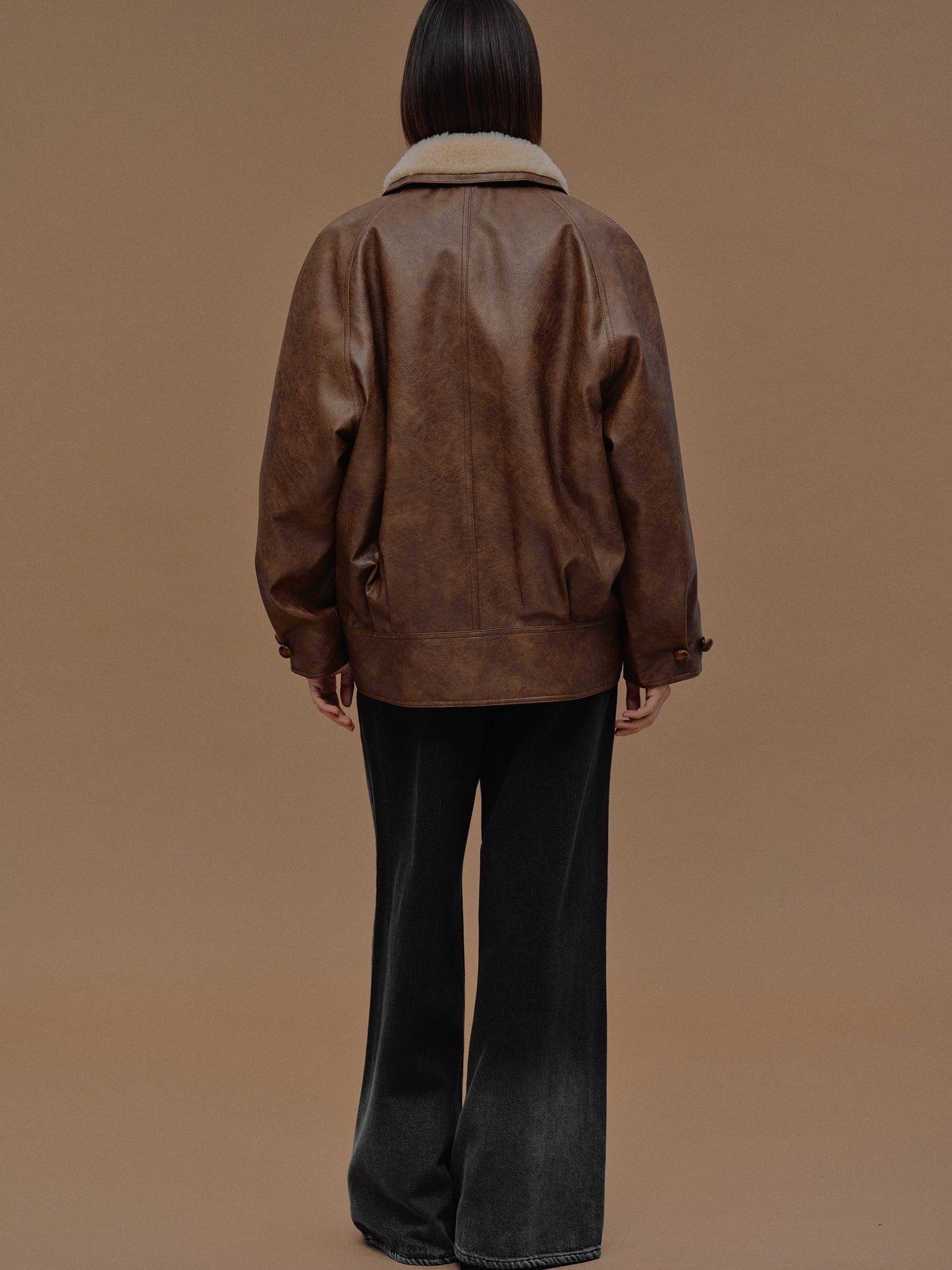 Cicala Shearling Collar Leather Jacket, Pecan