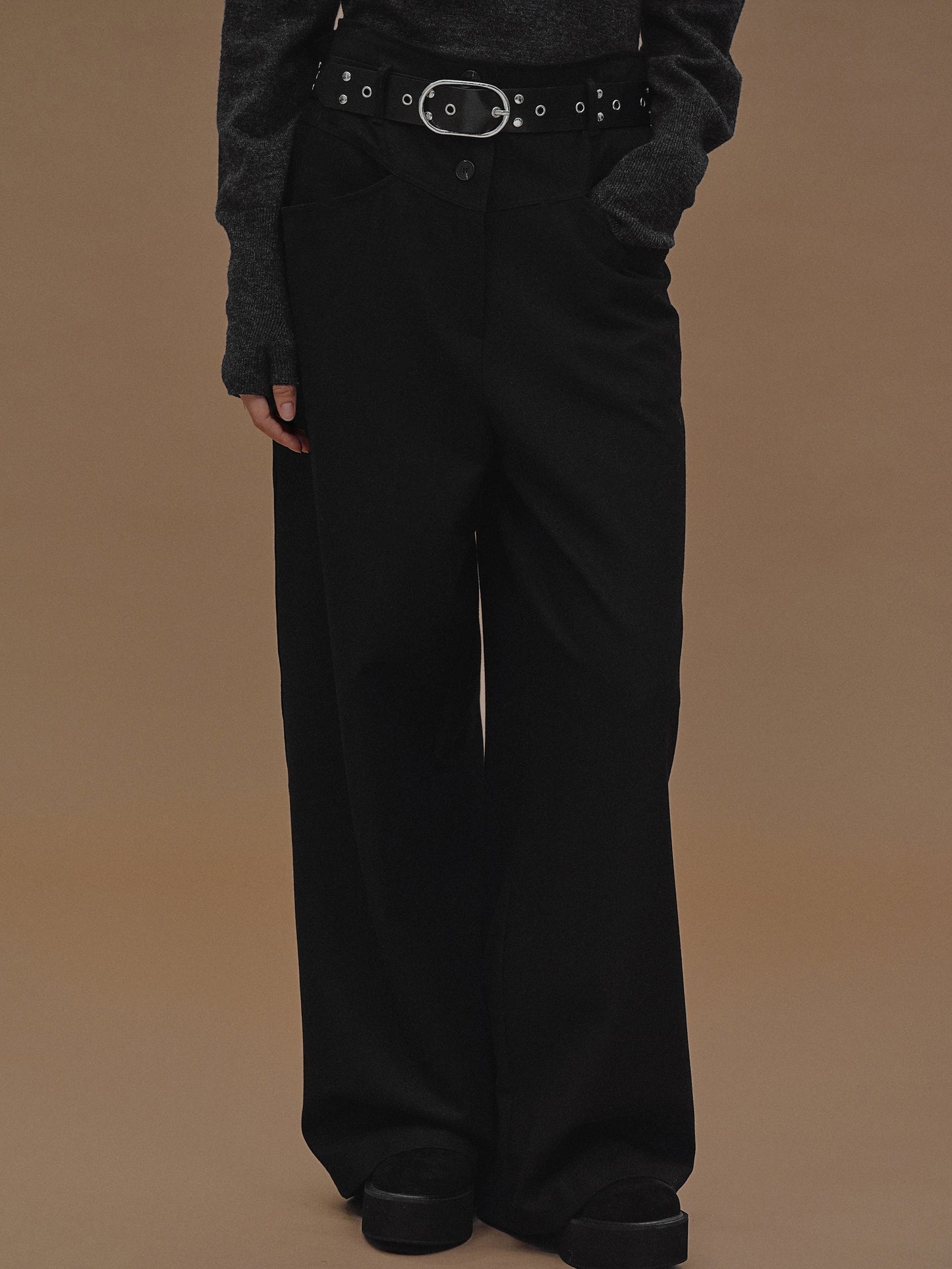 Eyelet Belt Trousers, Black