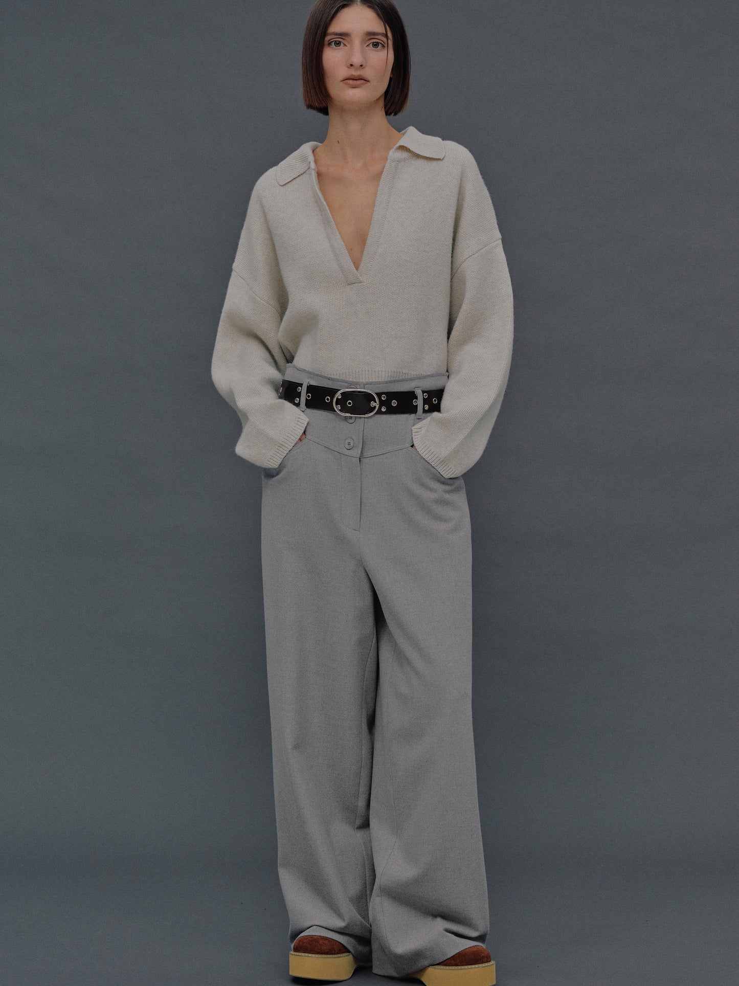 Eyelet Belt Trousers, Ice Grey