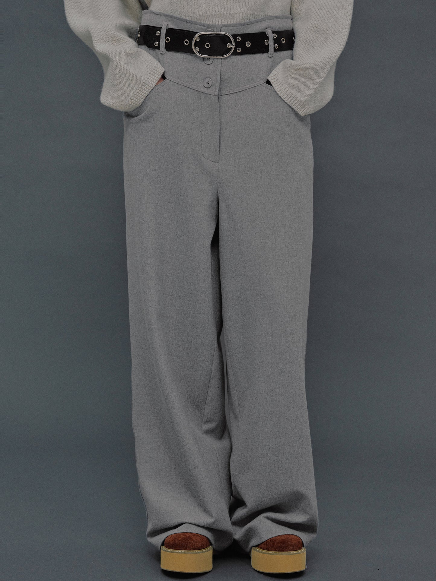 Eyelet Belt Trousers, Ice Grey