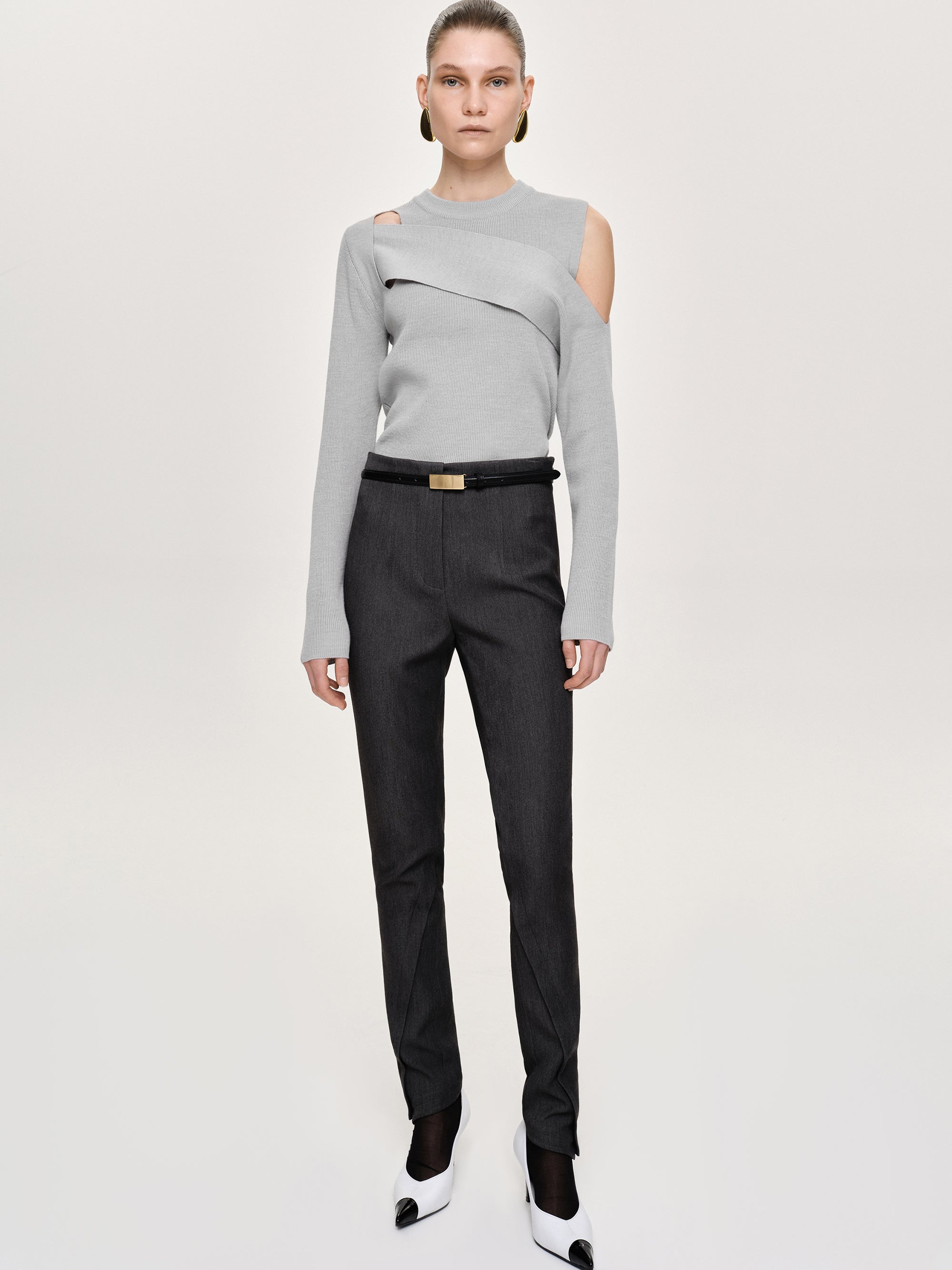 Tyia Bias-Cut Slim Trousers, Dark Charcoal