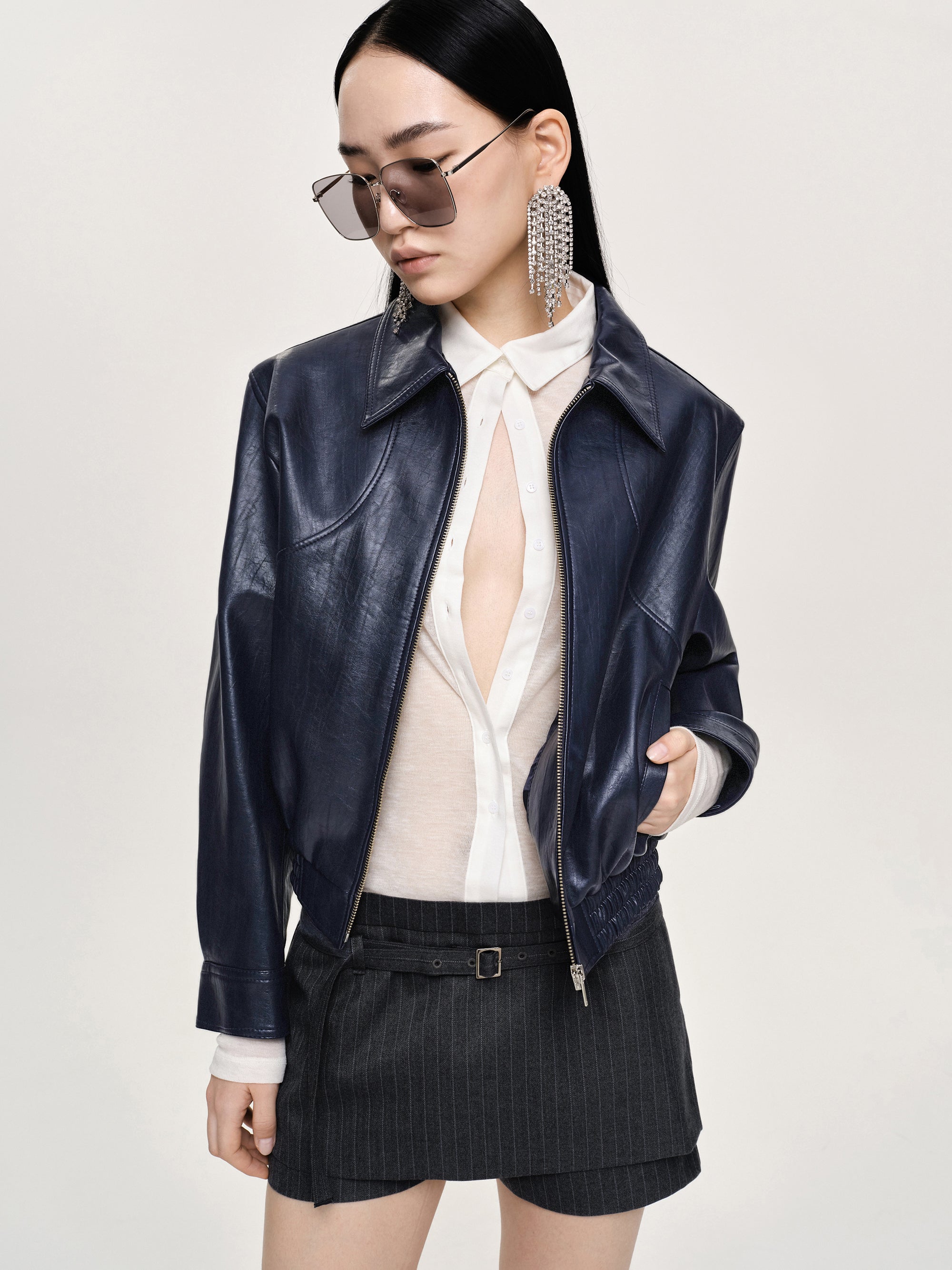 Ennio Faux-Leather Bomber Jacket, Navy