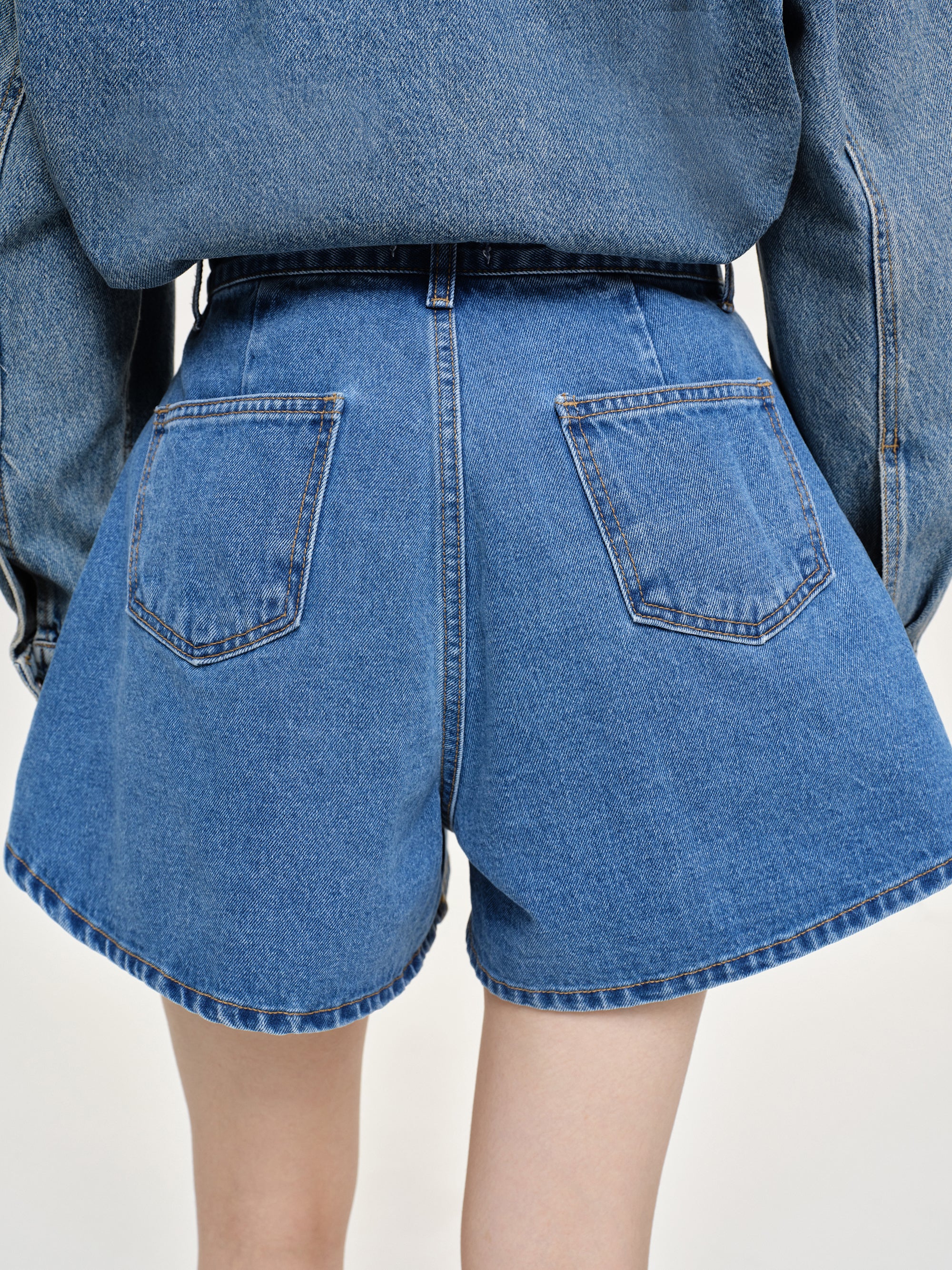 Flared Denim Shorts, Medium Blue