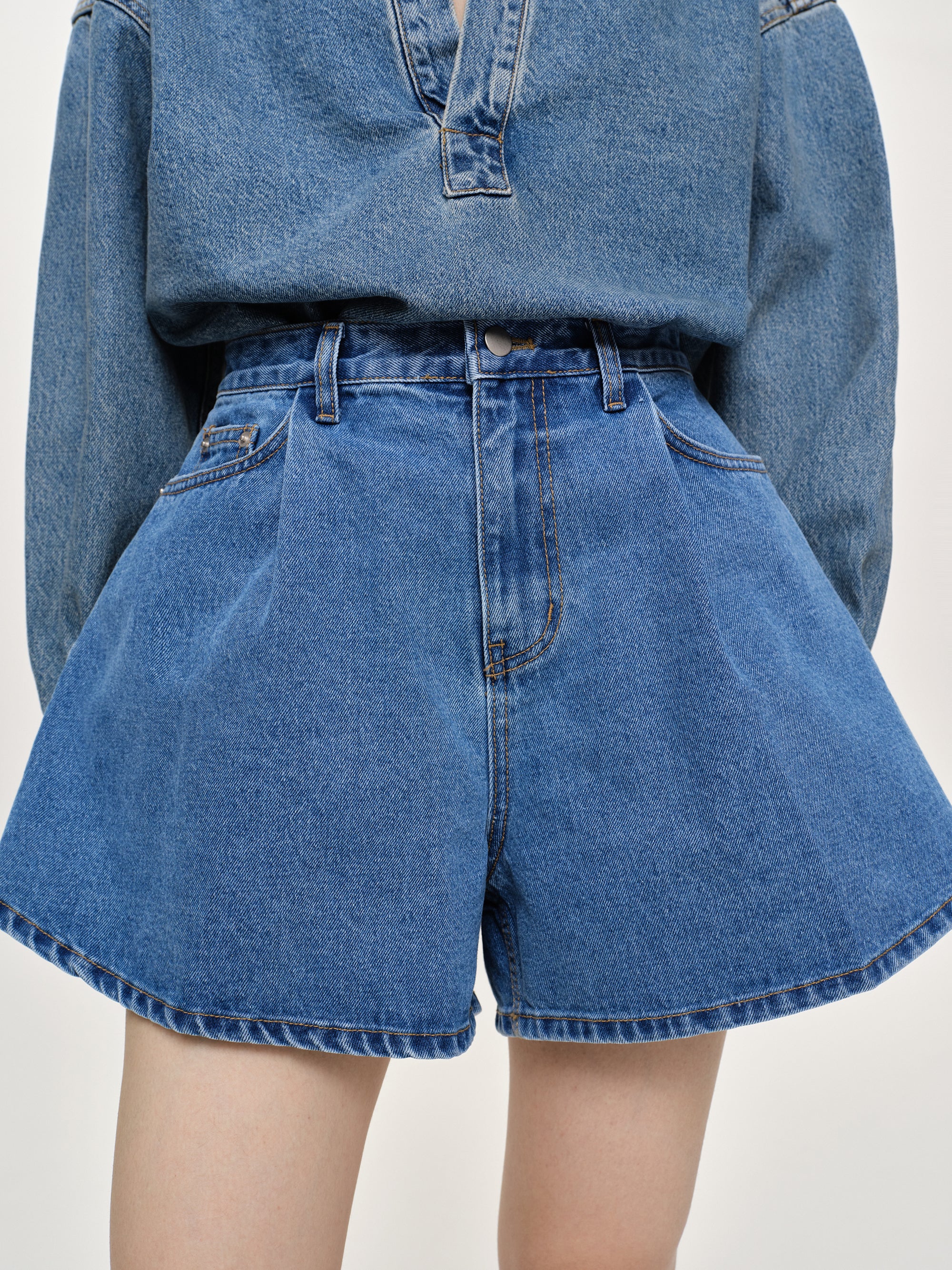 Flared Denim Shorts, Medium Blue
