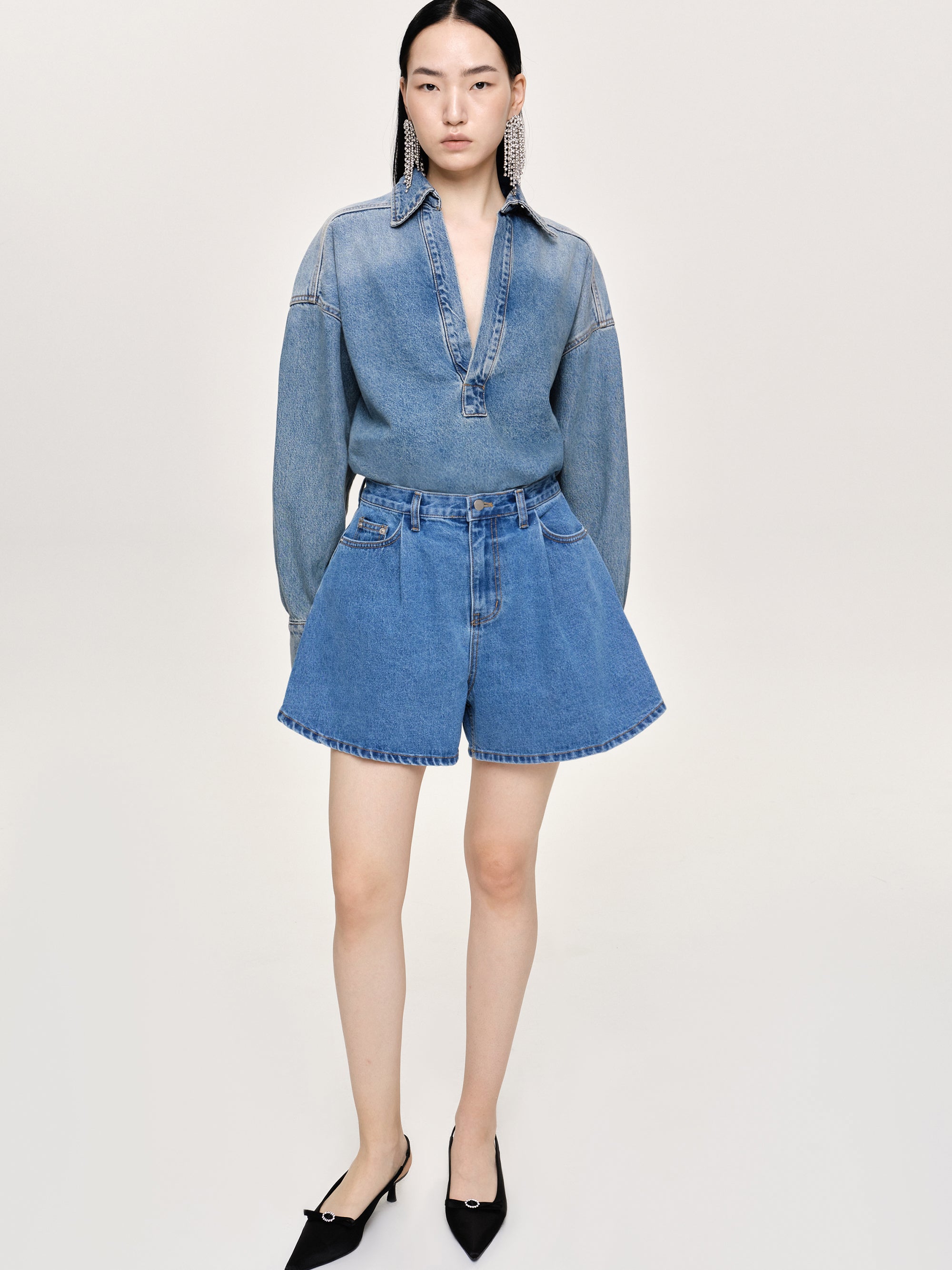 Flared Denim Shorts, Medium Blue