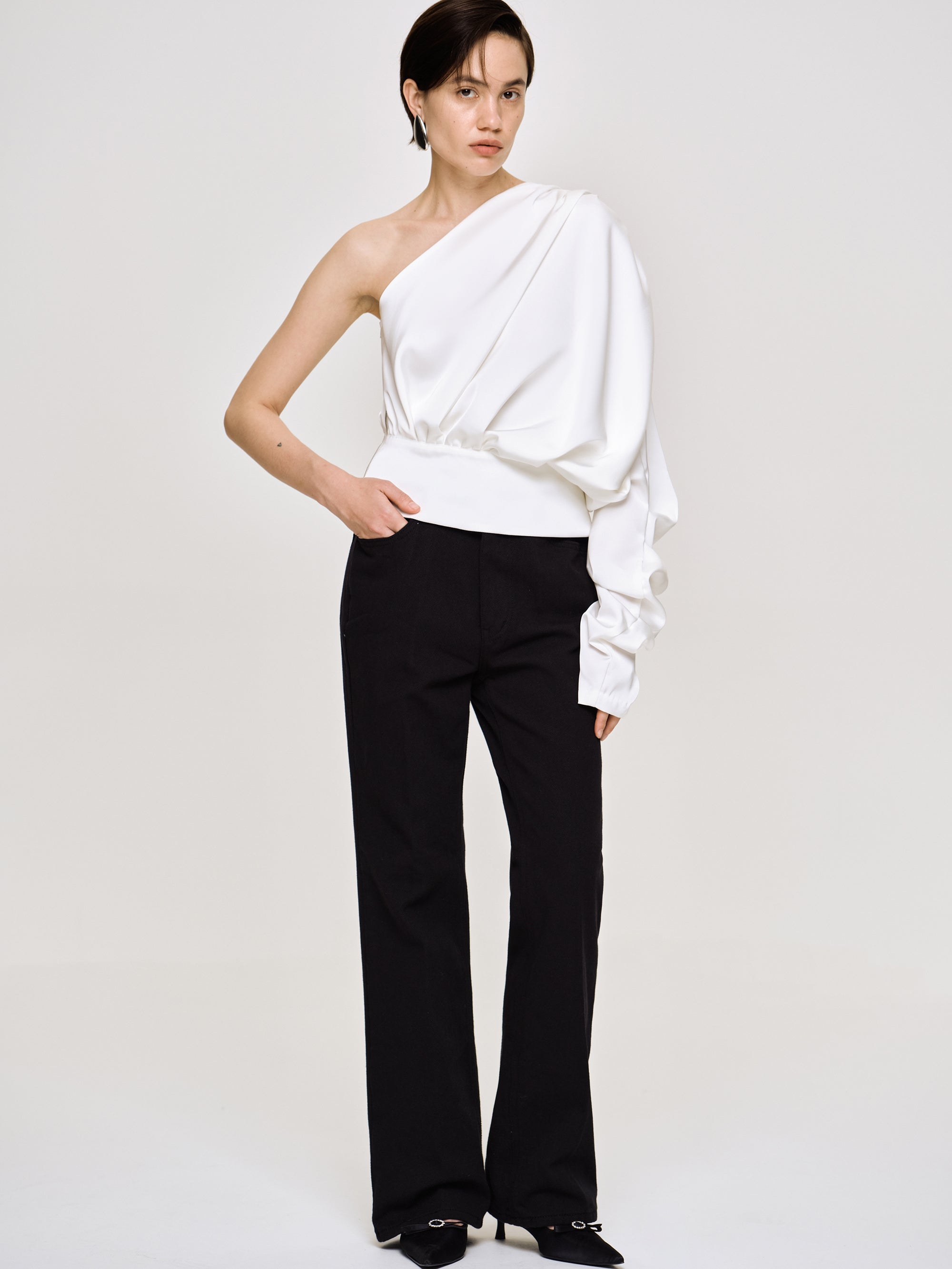 Simona One-Shoulder Blouse, White