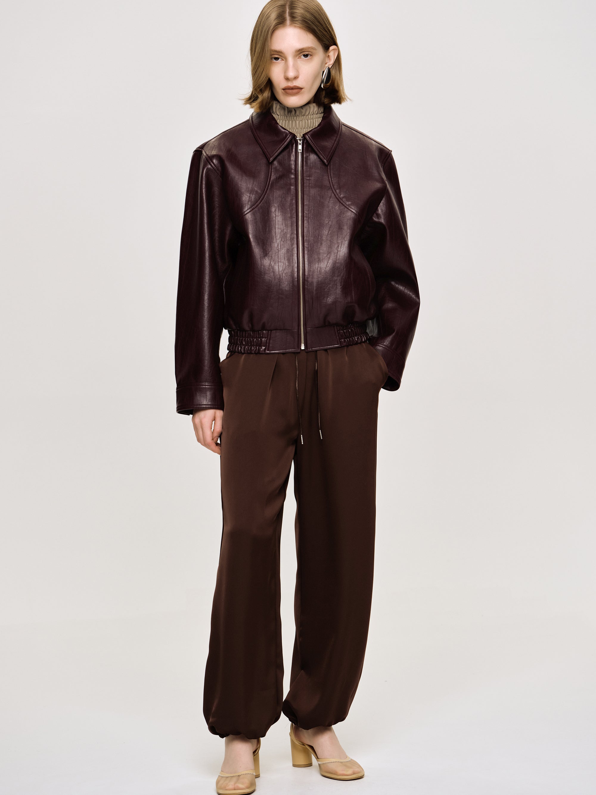 Ennio Faux-Leather Bomber Jacket, Mahogany