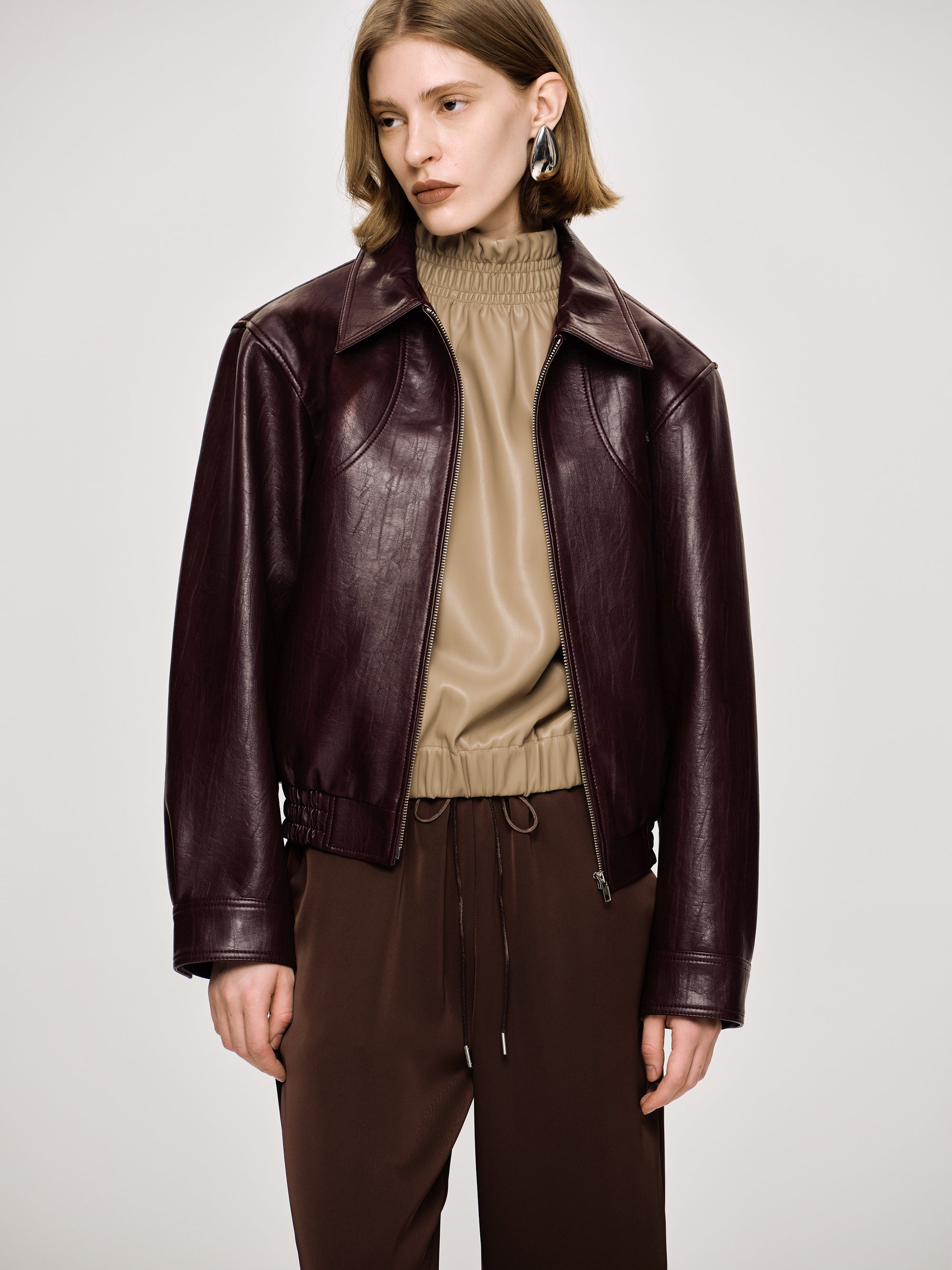 Ennio Faux-Leather Bomber Jacket, Mahogany