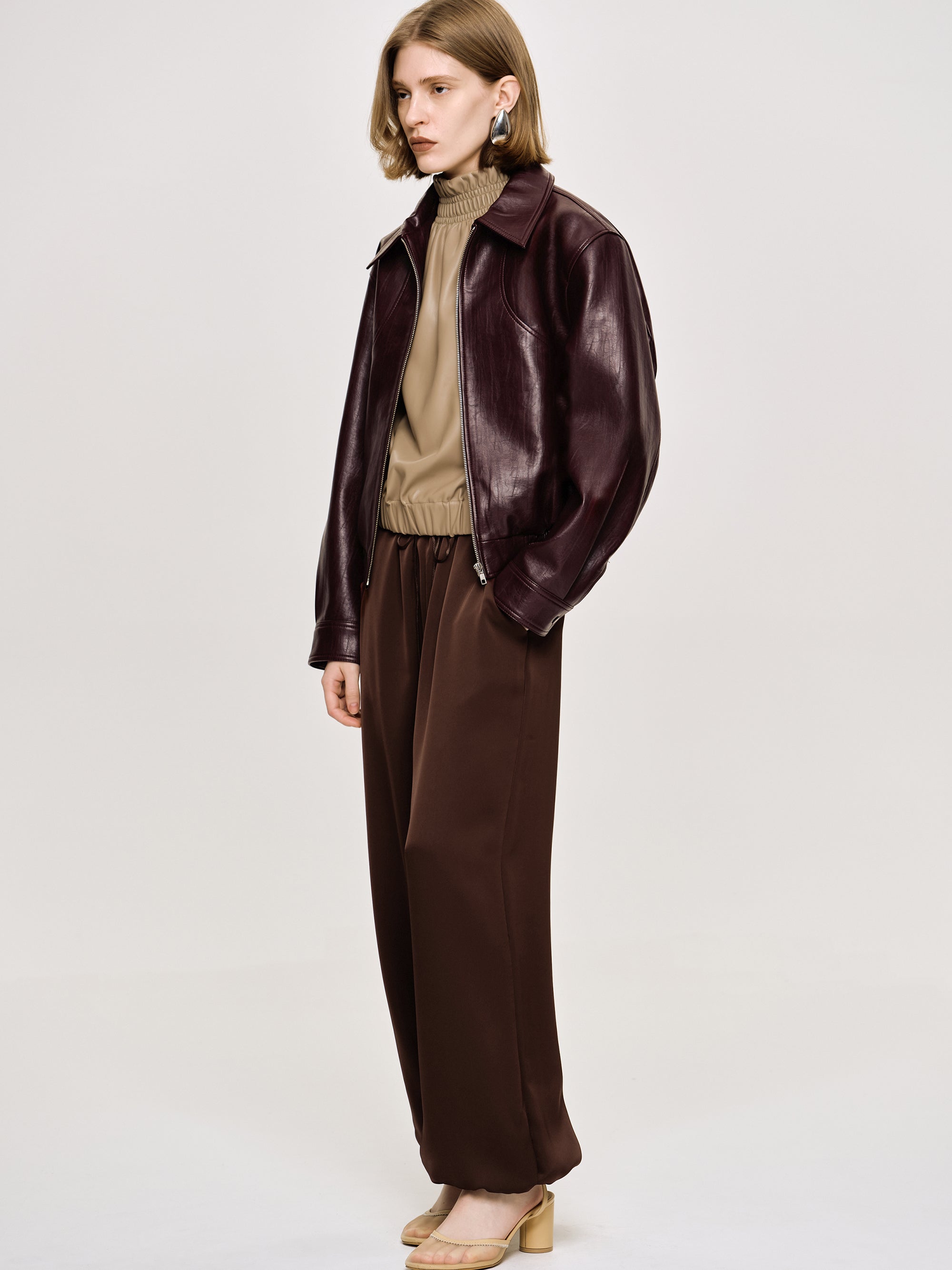 Ennio Faux-Leather Bomber Jacket, Mahogany