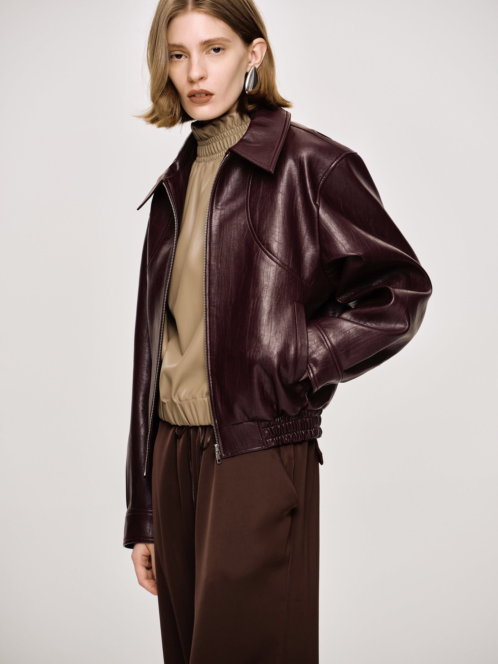 Ennio Faux-Leather Bomber Jacket, Mahogany