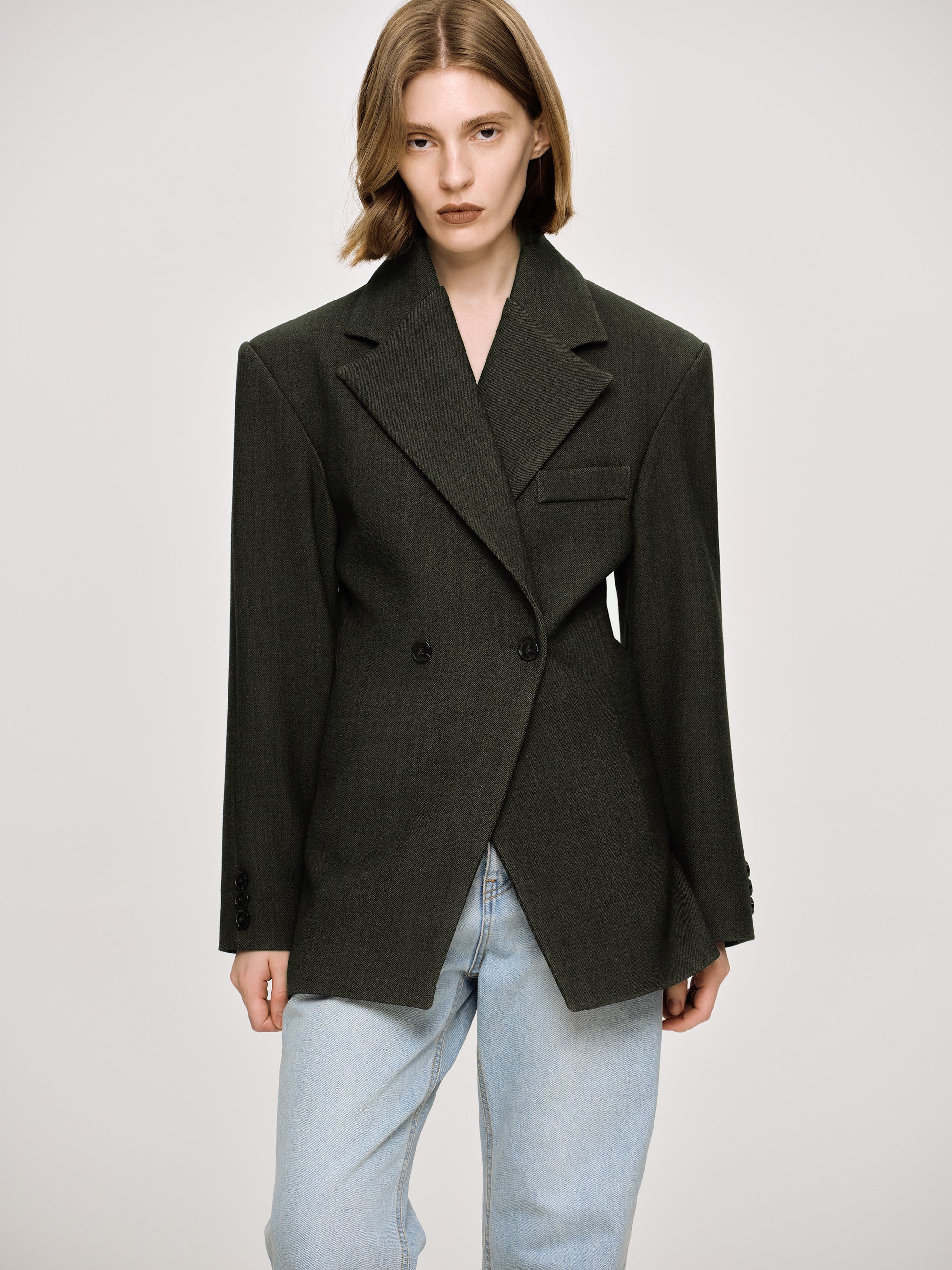 Nangy Double Breasted Cinched Blazer, Charcoal Grey