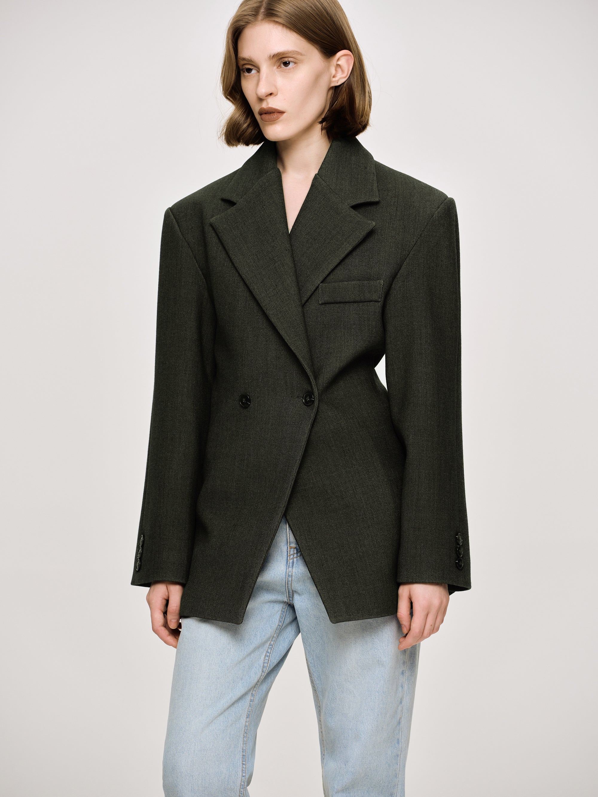 Nangy Double Breasted Cinched Blazer, Charcoal Grey