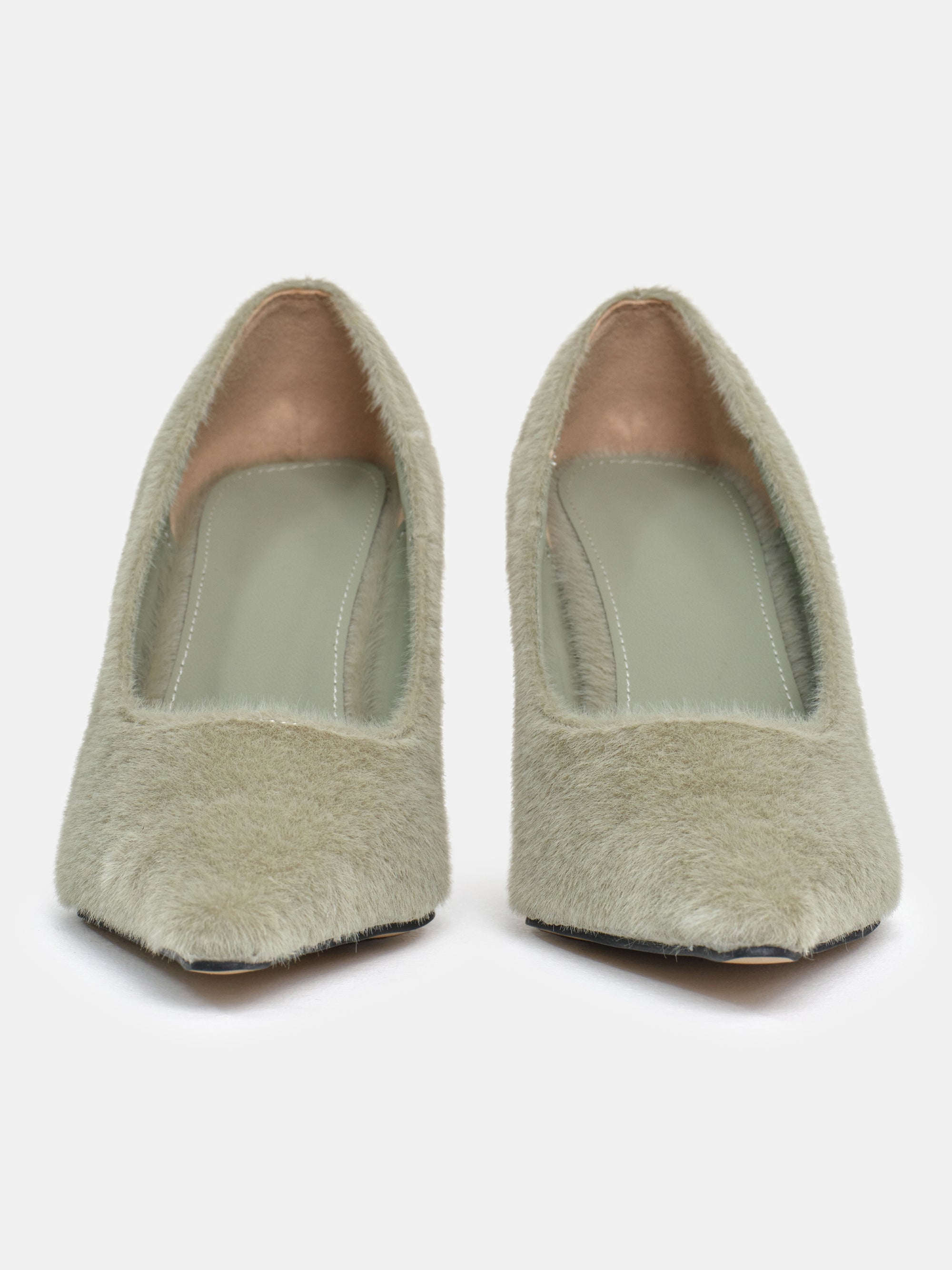 Faux-Fur Shearling Heels, Sage