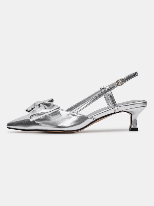Faux Leather Bow Slingback Heels, Silver