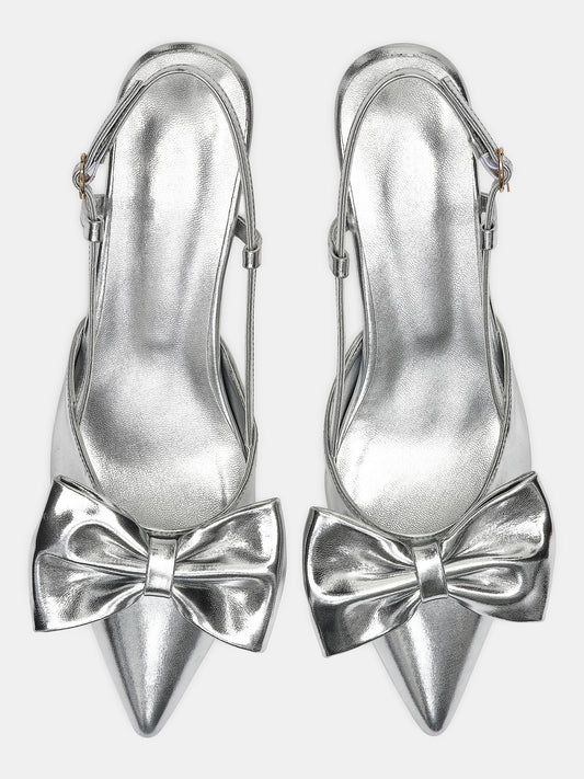 Faux Leather Bow Slingback Heels, Silver