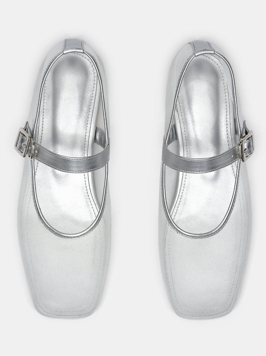 Mary Jane Mesh Ballerina Flats, Silver