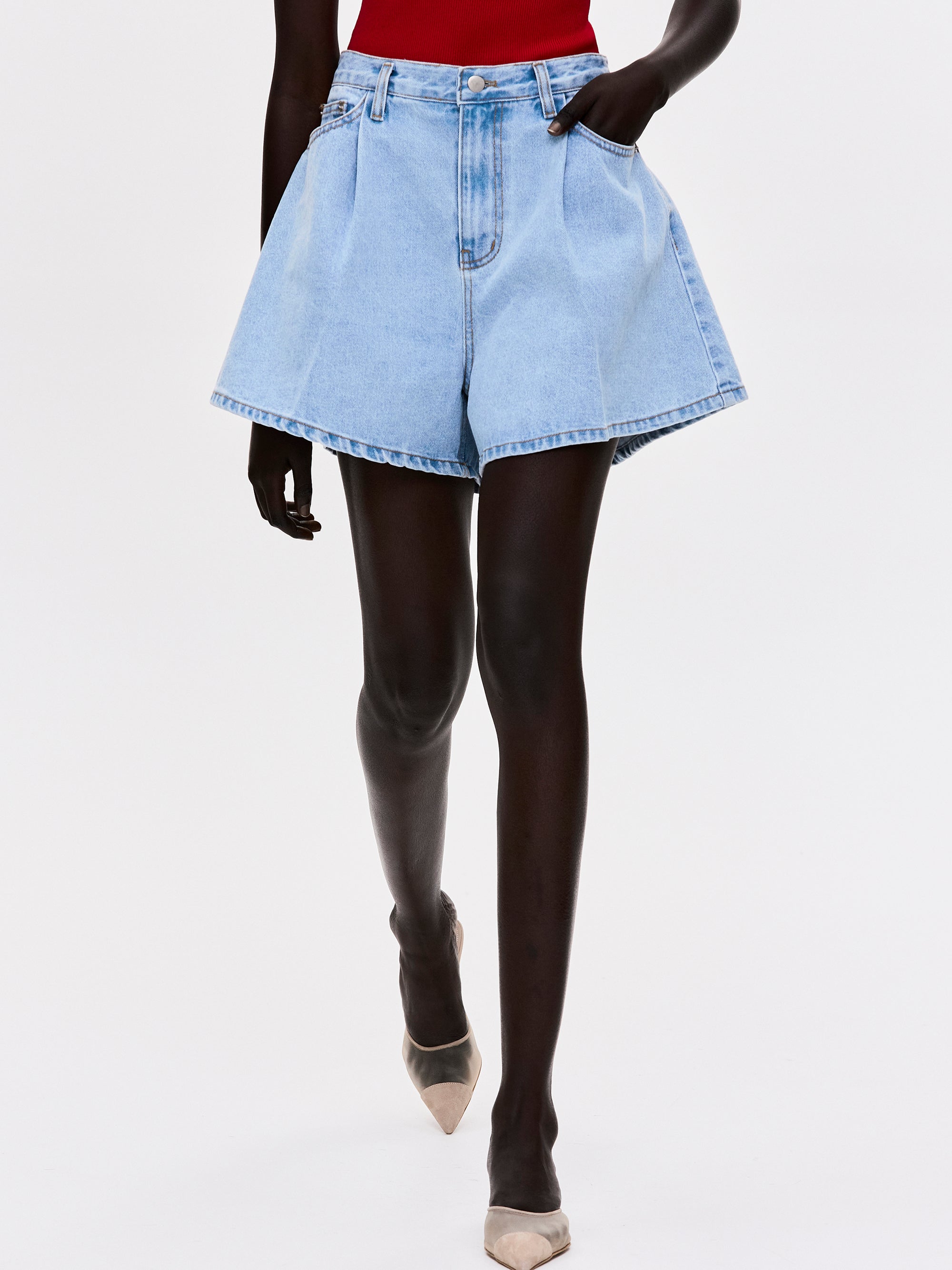 Flared Denim Shorts, Blue