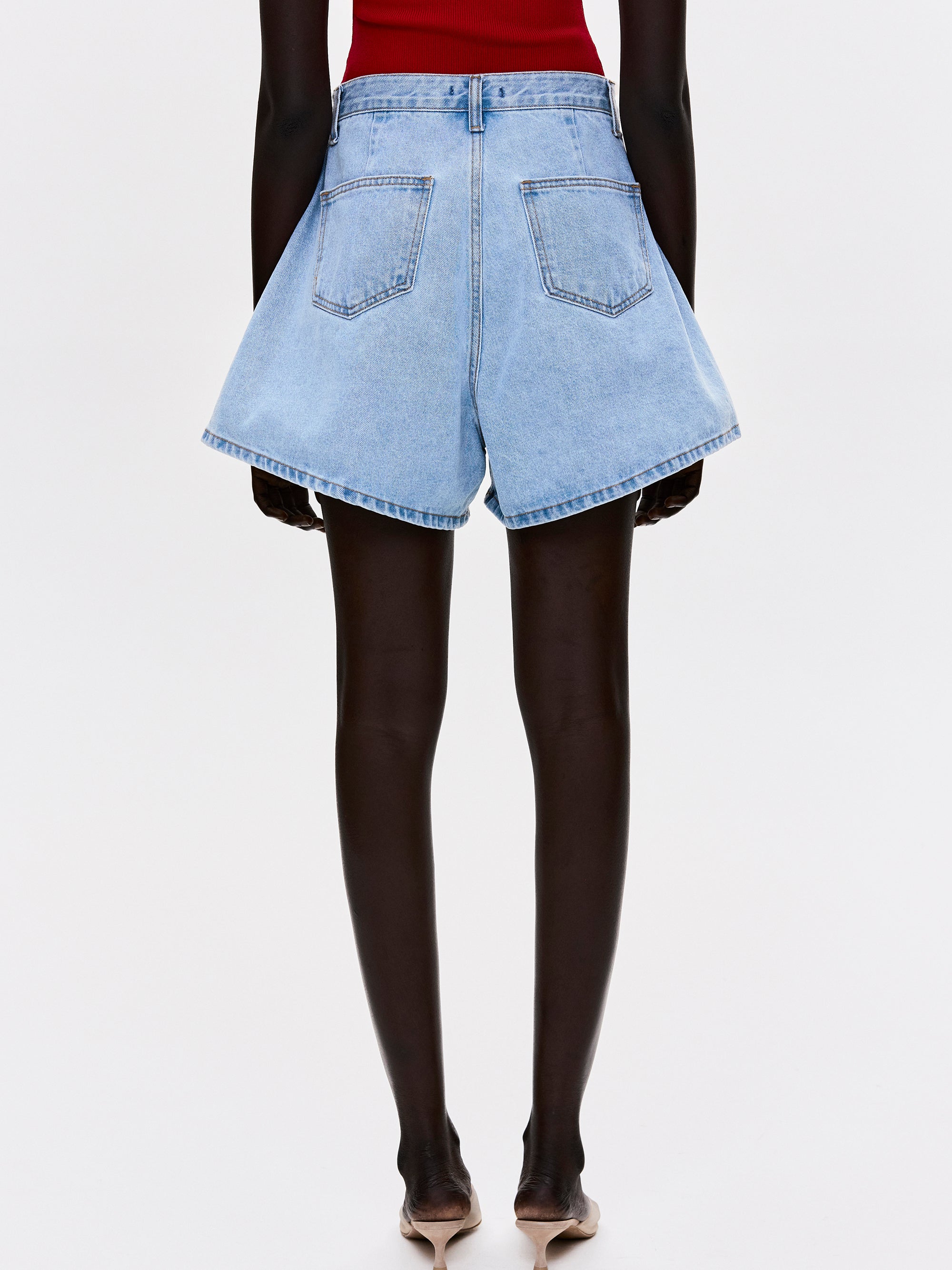 Flared Denim Shorts, Blue