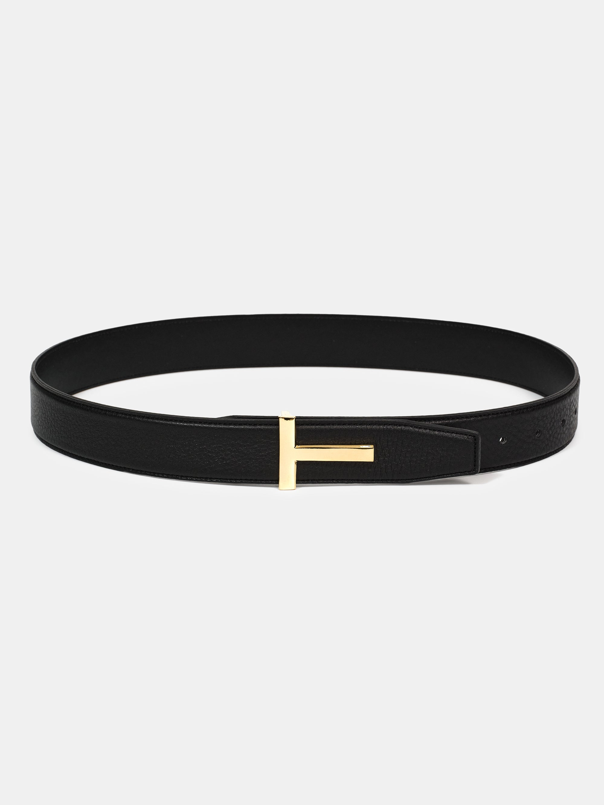 T-Buckle Leather Belt, Gold