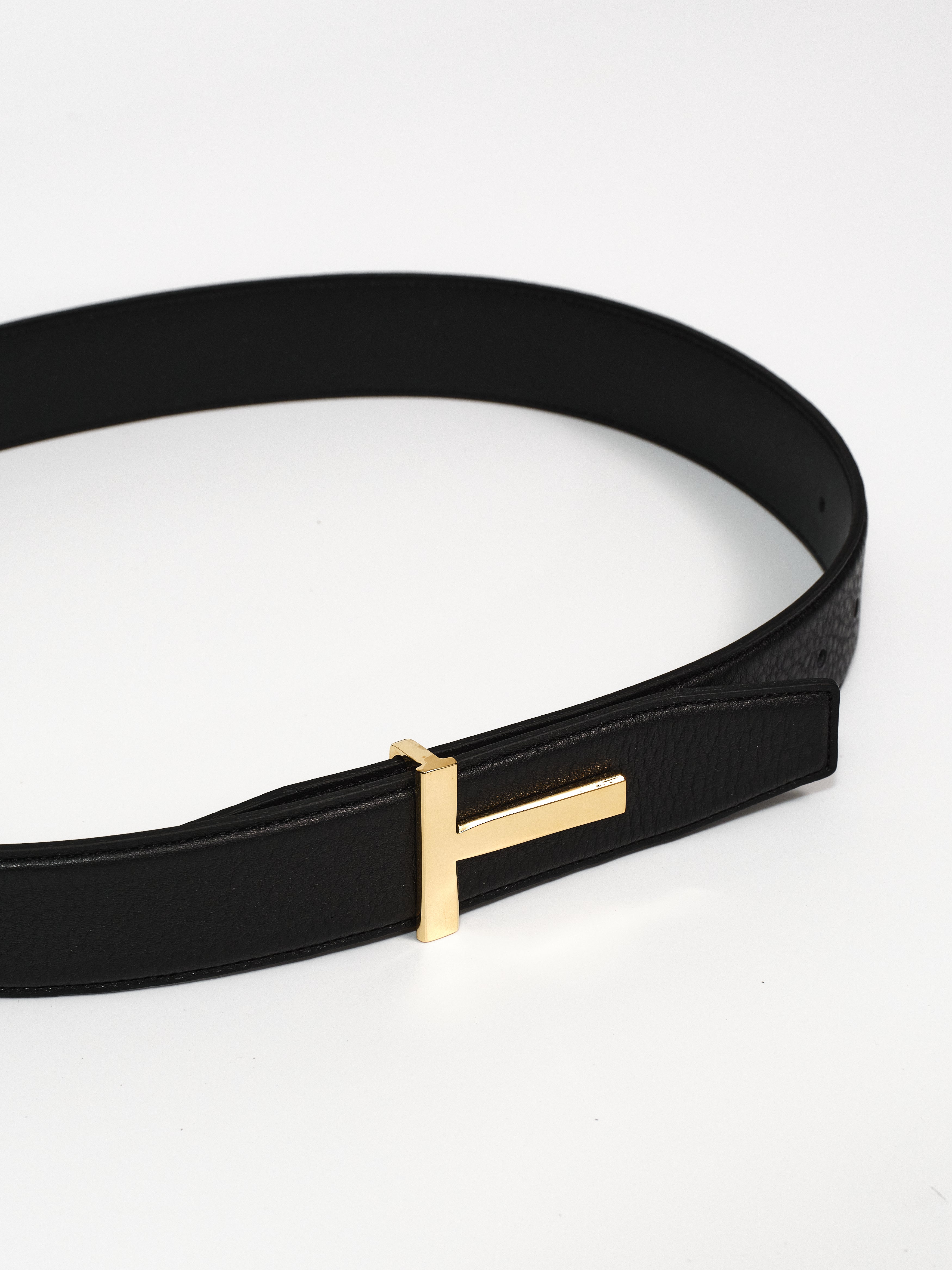 T-Buckle Leather Belt, Gold
