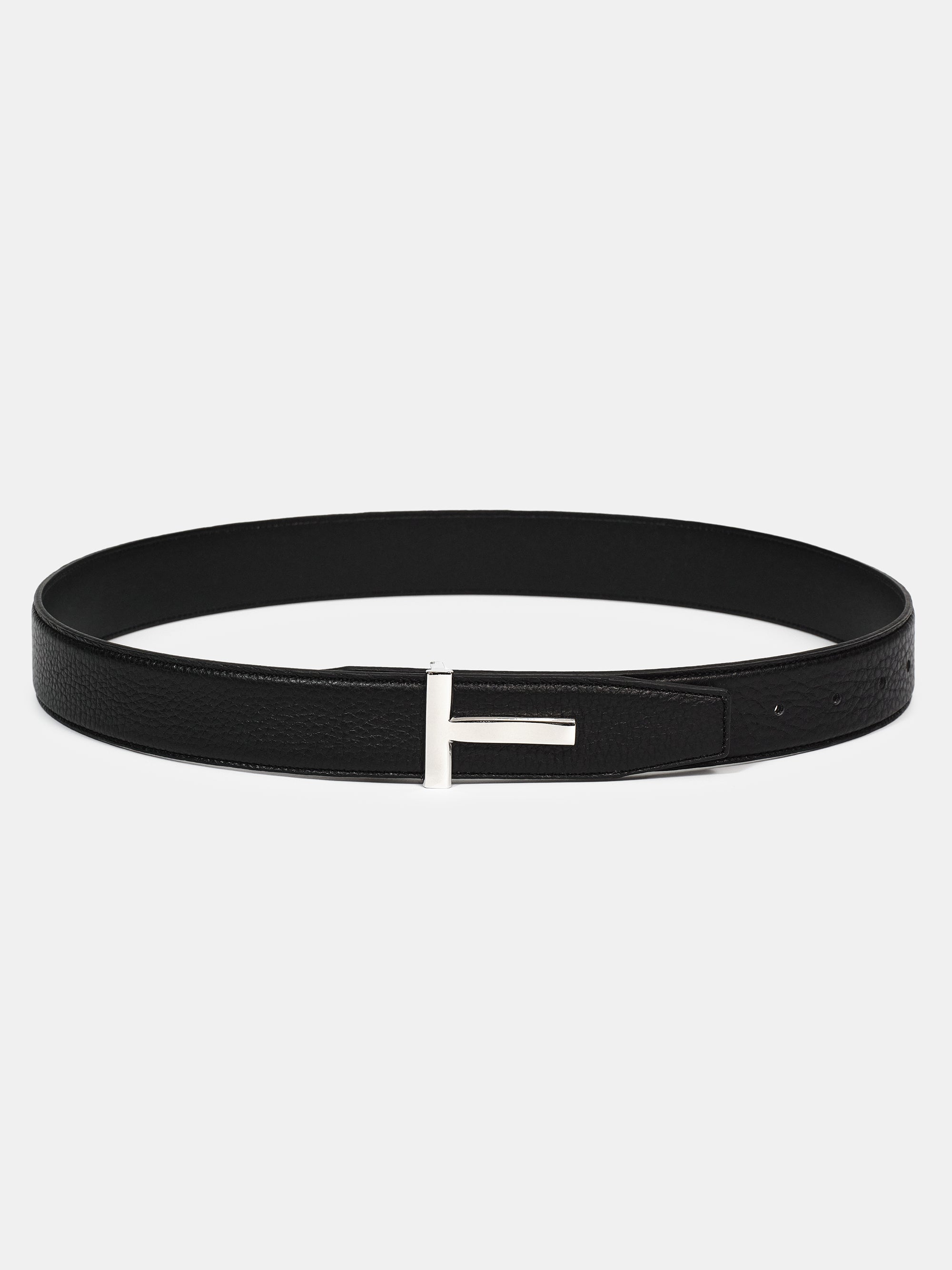T-Buckle Leather Belt, Silver