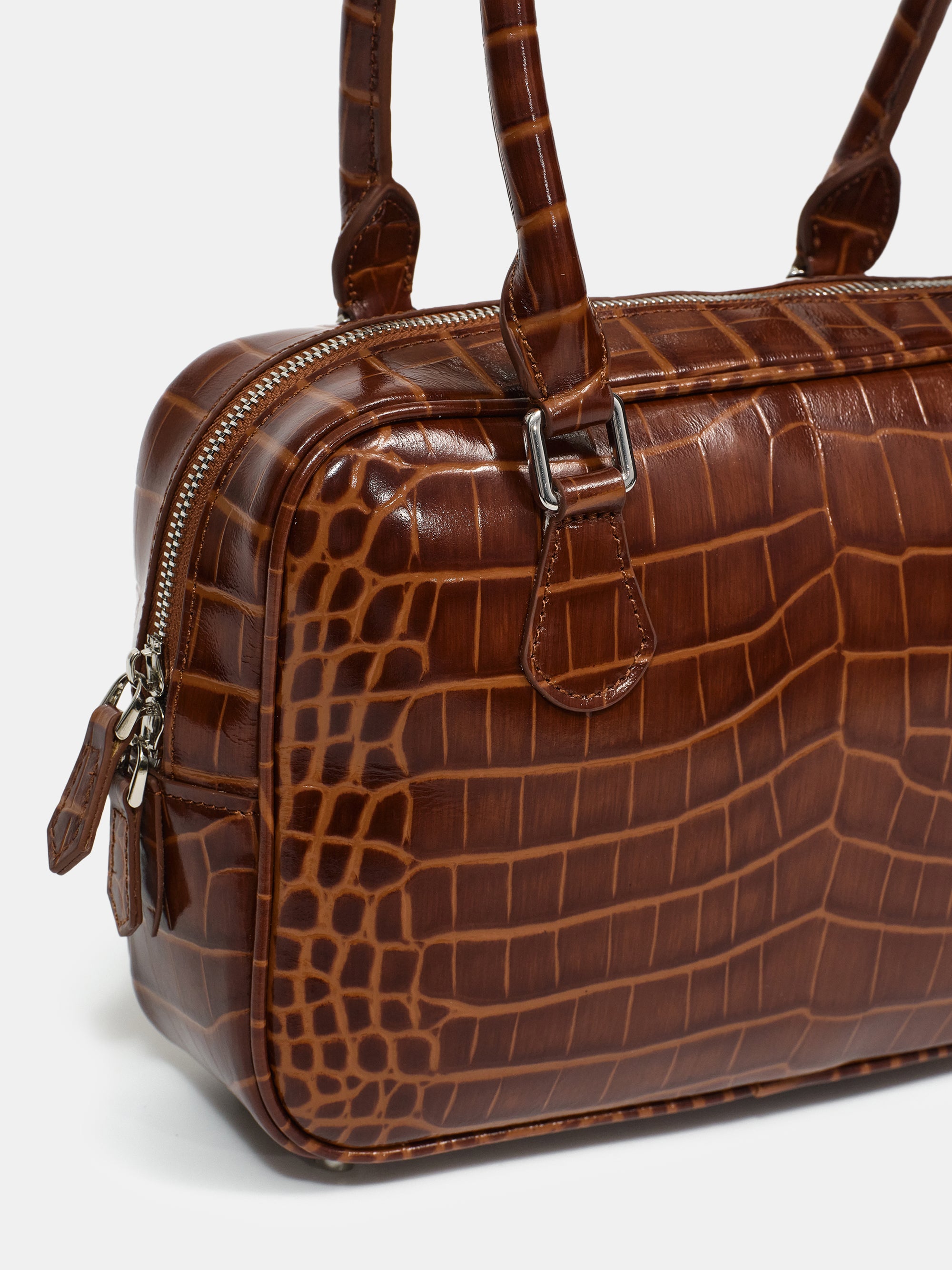 Yves Croc-embossed Leather Bag, Chocolate