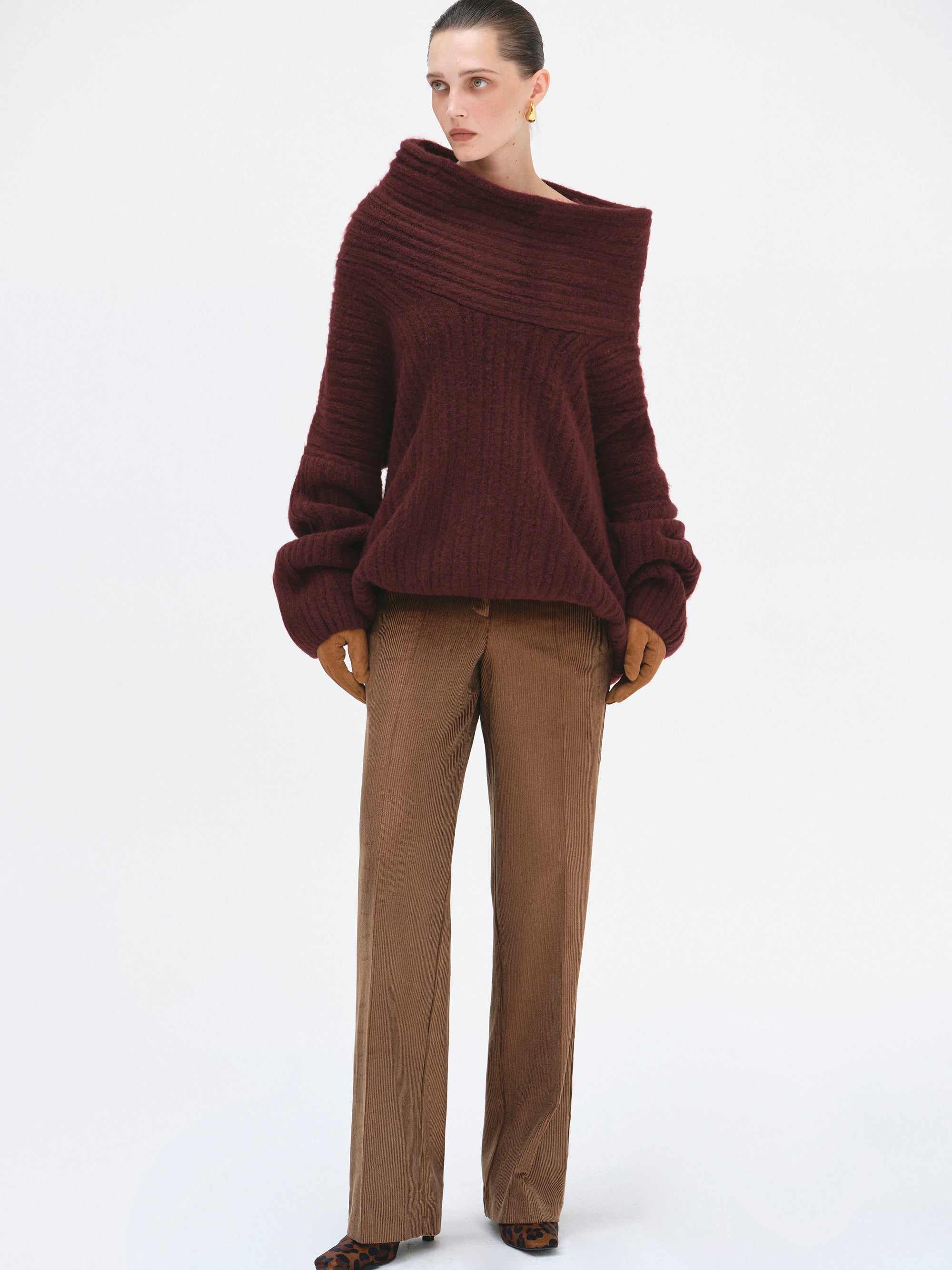 Becca Oversized High Roll Knit Pullover, Burgundy