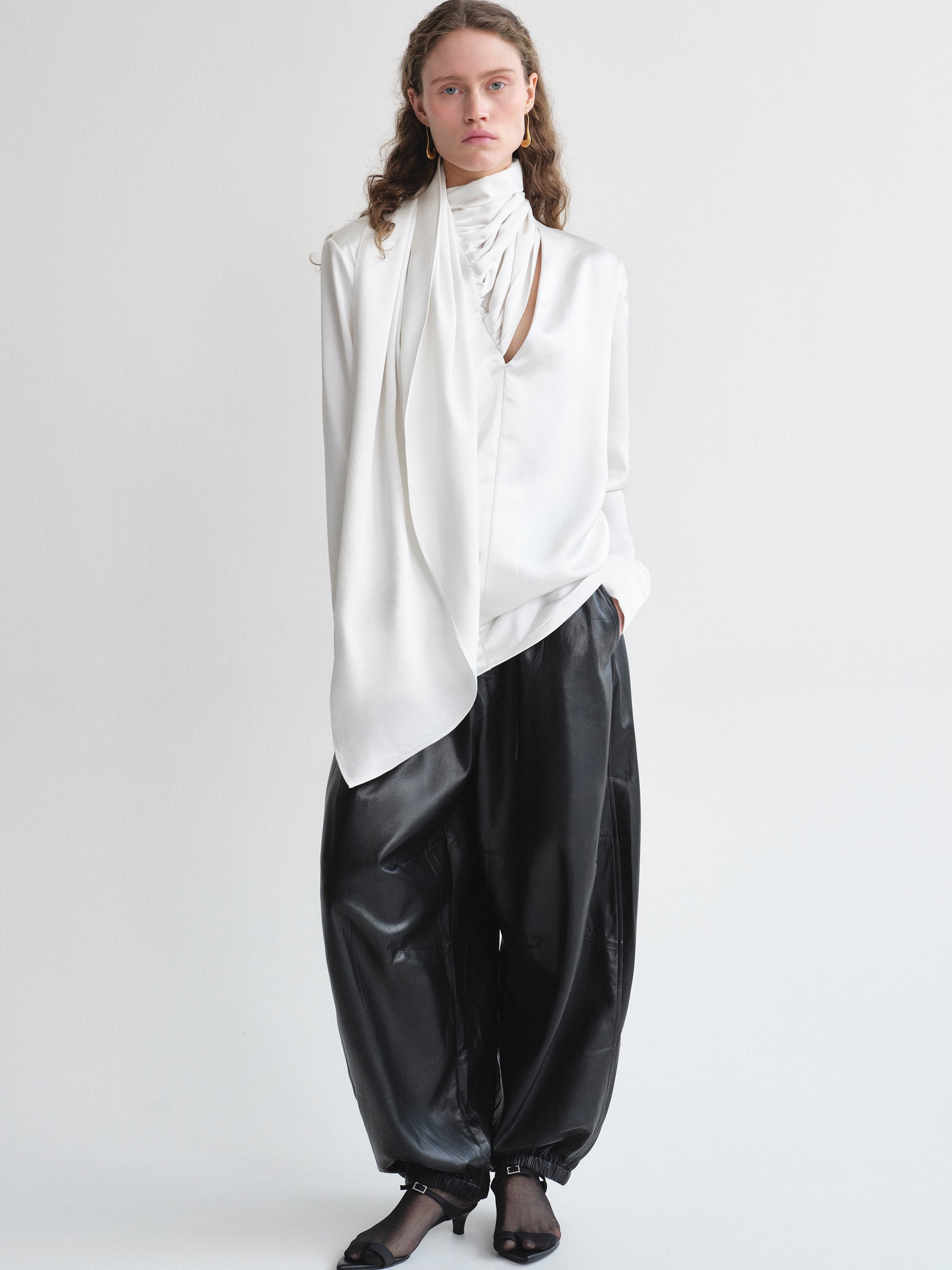 White Blouse Ladies Shirt With Scarf Koa Scarf Collar Satin Blouse