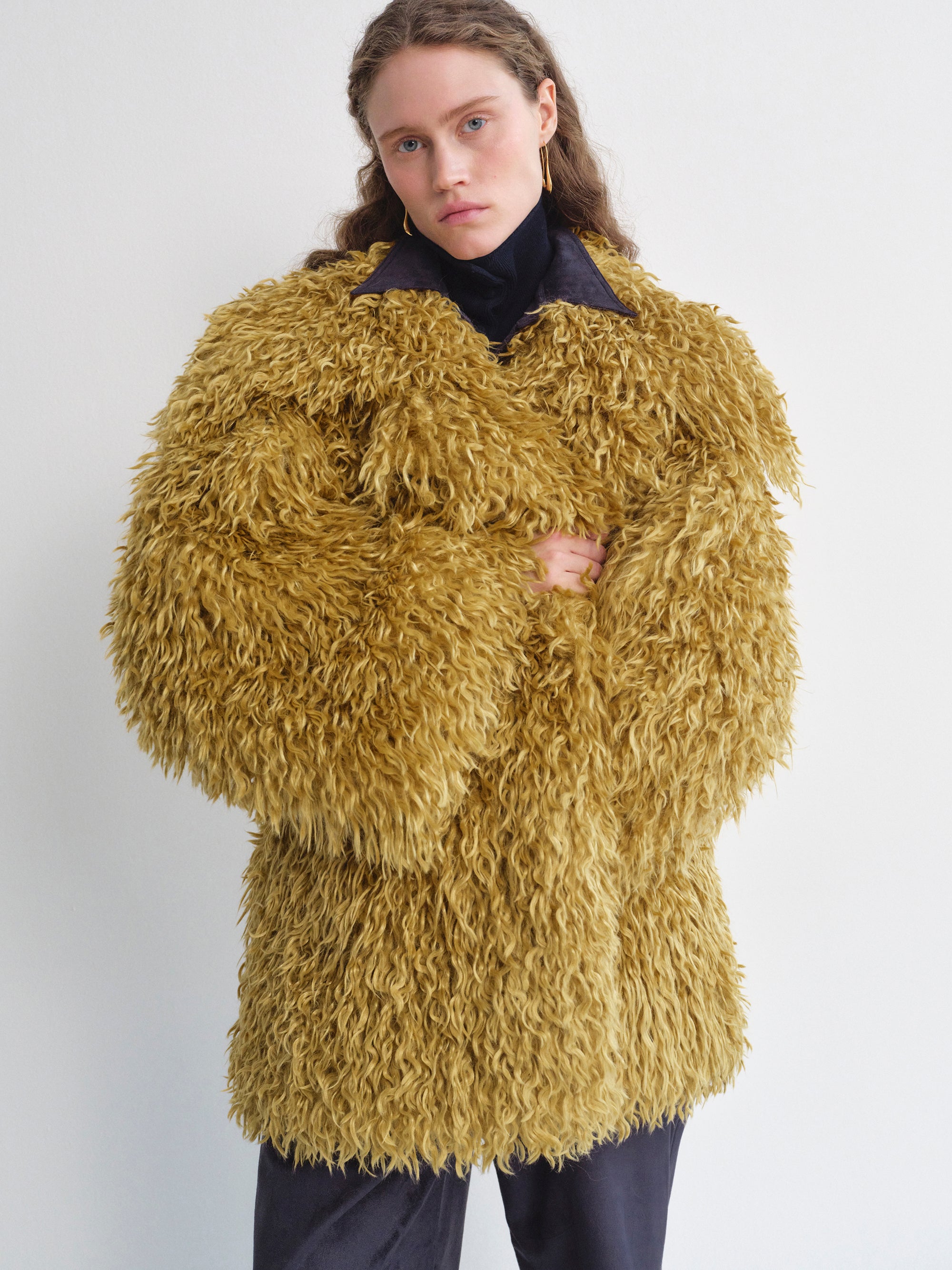 Cassia Shag Fur Coat, Mustard