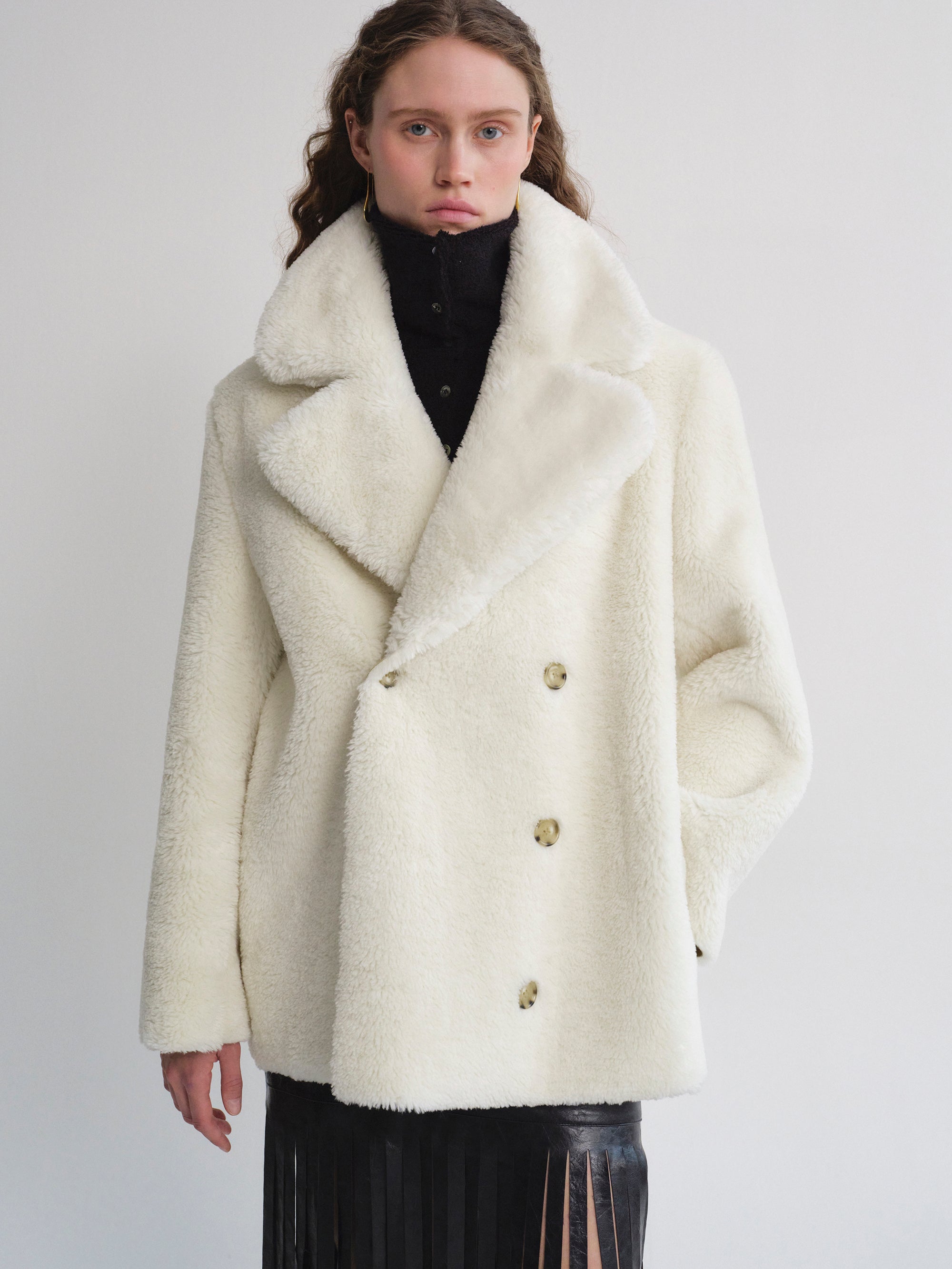 Double-breasted Shearling Jacket, Ivory