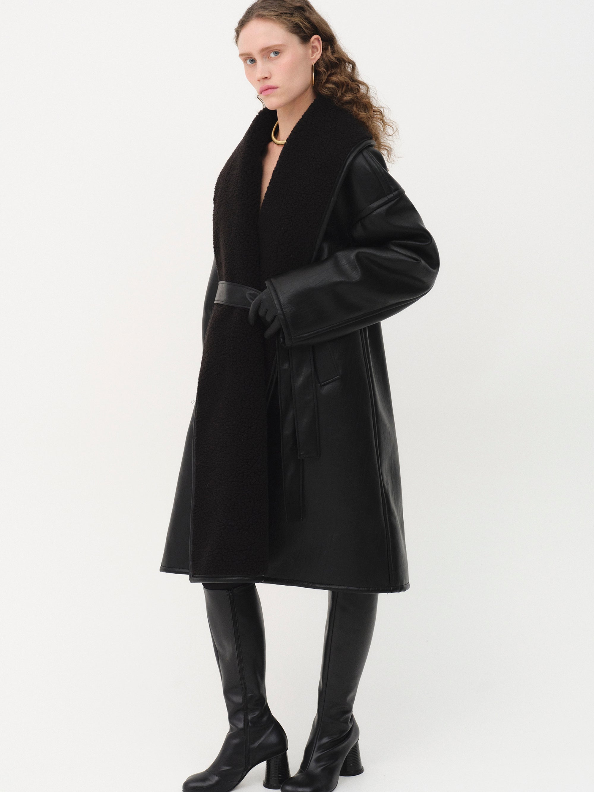 Agda Shearling Collar Leather Coat, Black