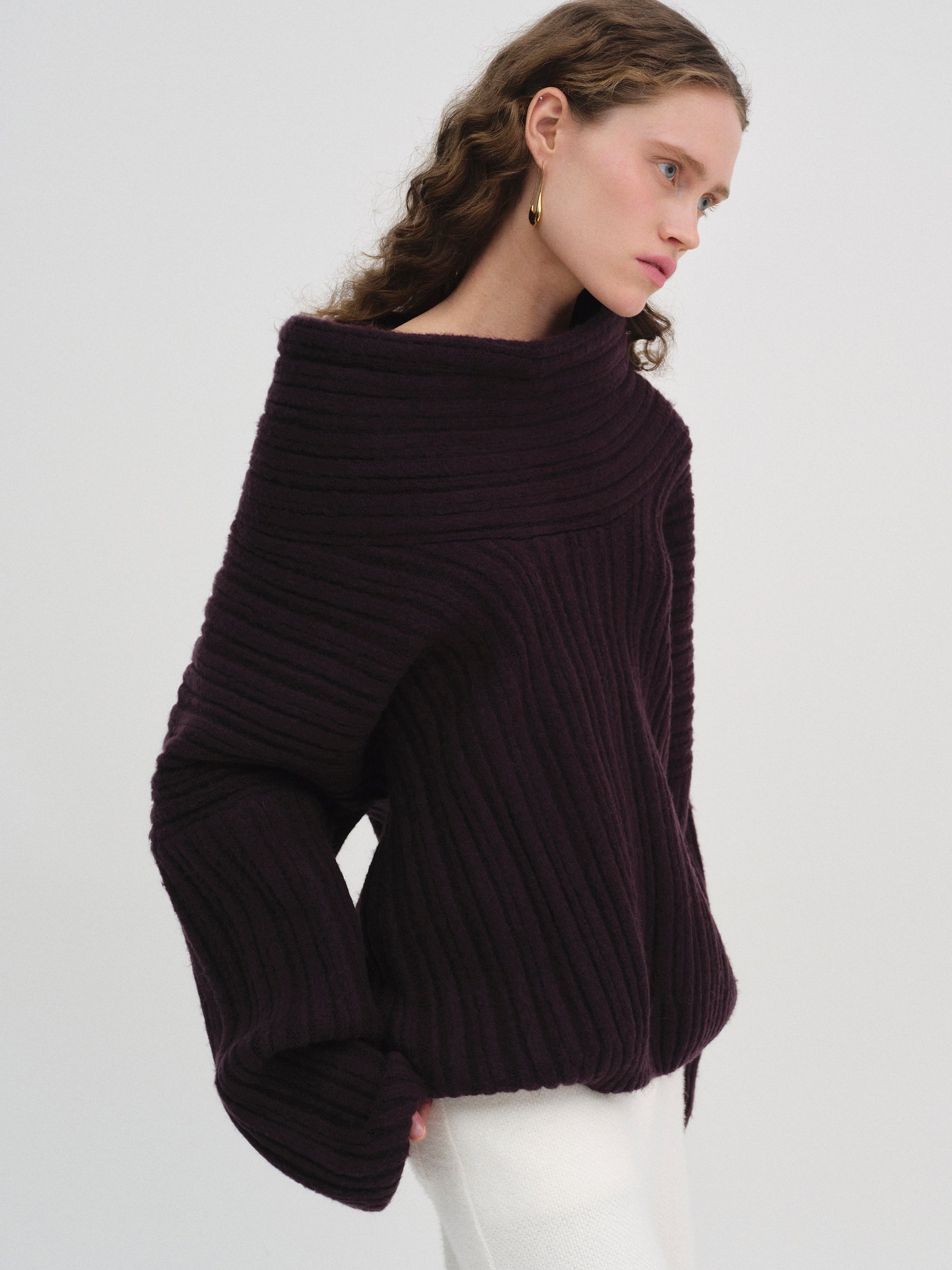 Becca Oversized High Roll Knit Pullover, Black Berry