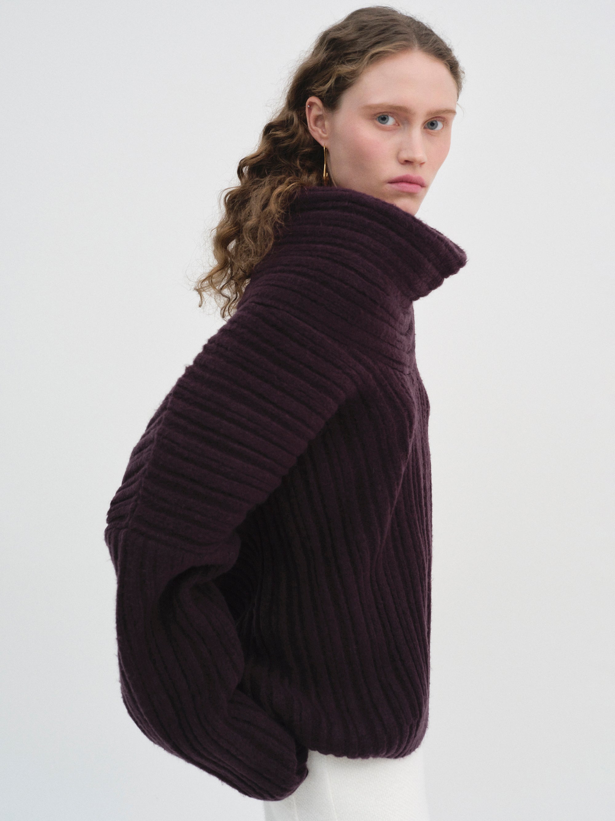 Becca Oversized High Roll Knit Pullover, Black Berry