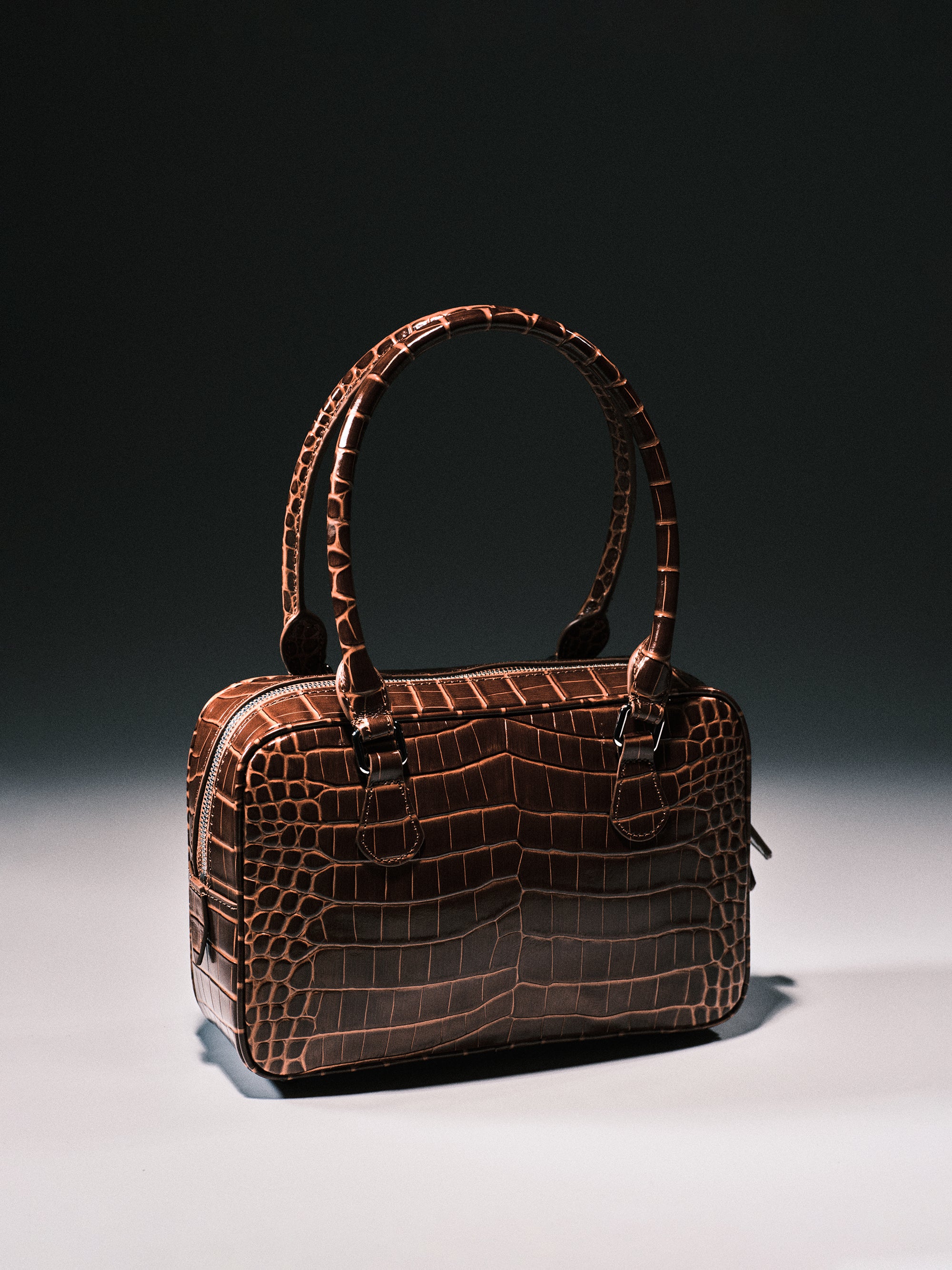 Yves Croc-embossed Leather Bag, Chocolate