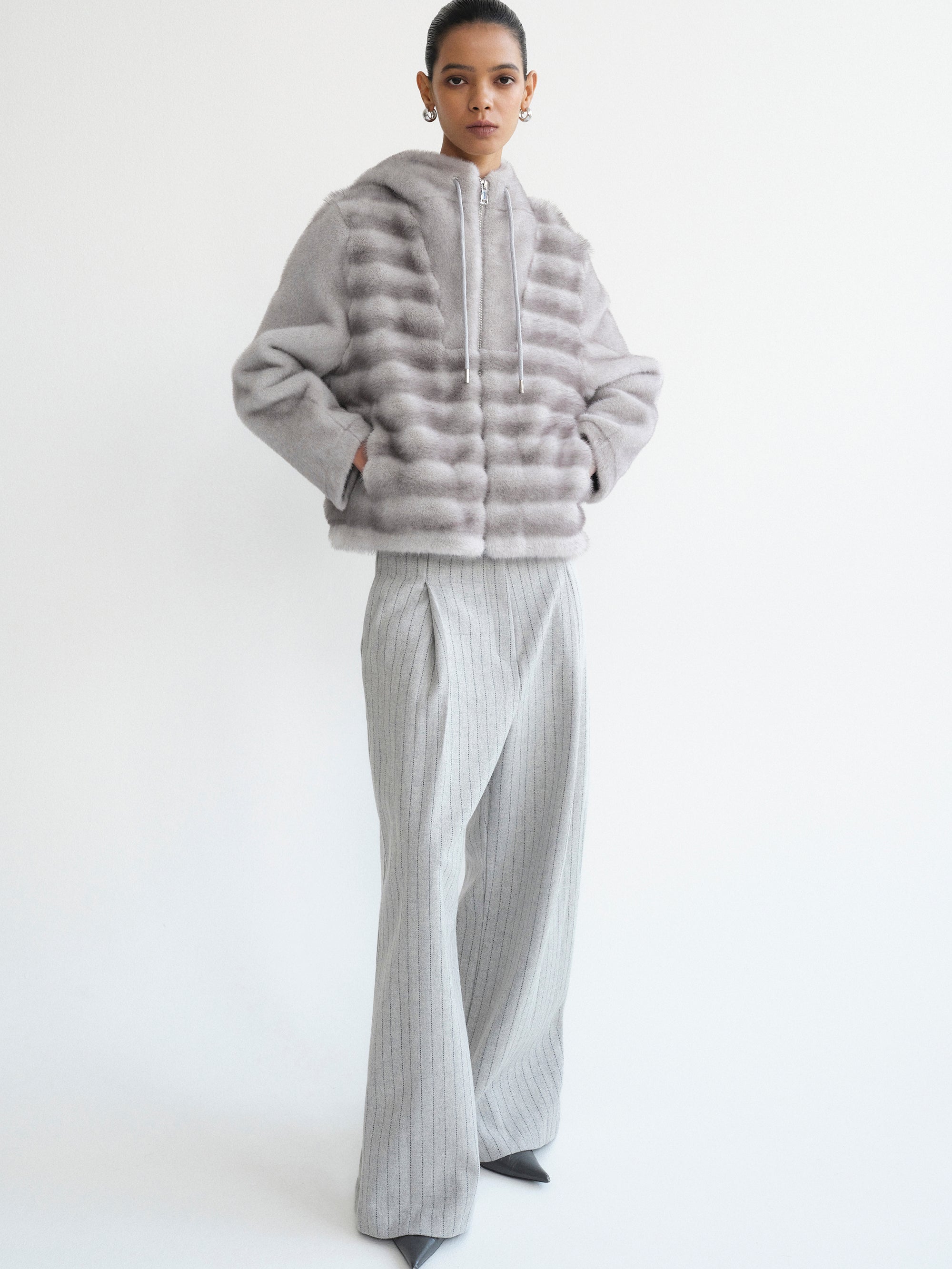 Faux Fur Hooded Jacket, Grey
