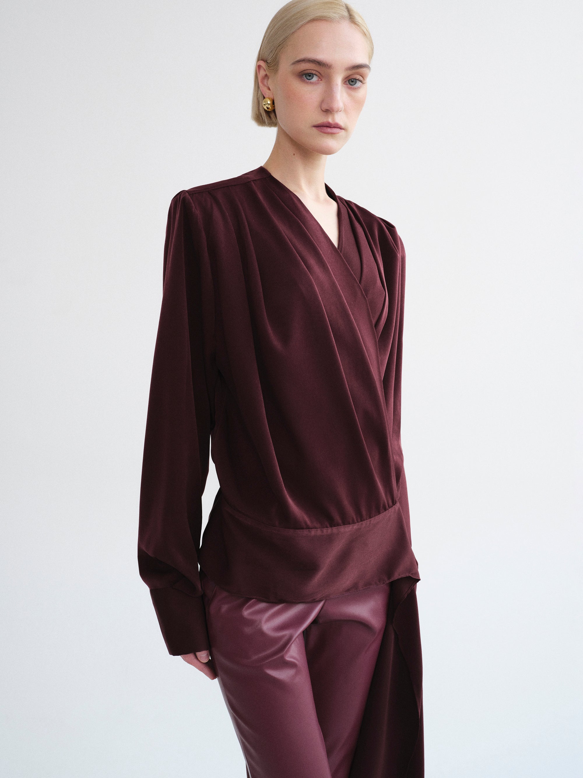 Callen Draped Satin Blouse, Burgundy